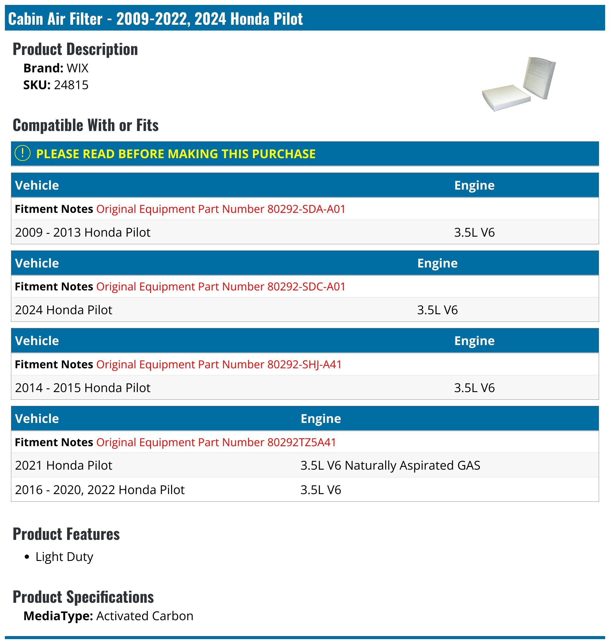 WIX 24893 Cabin Air (x-ref NapaGold