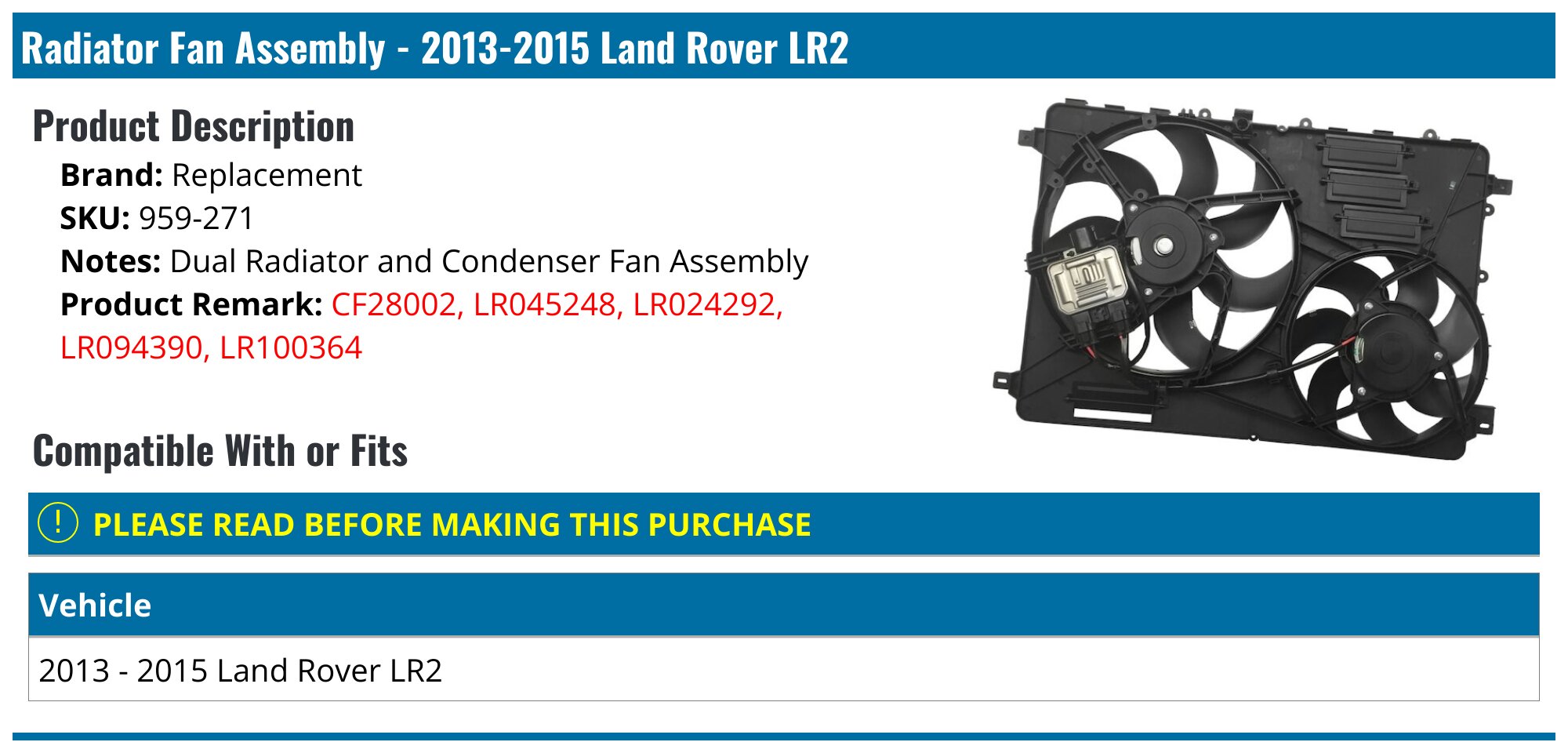 Engine Radiator Cooling Fan Assembly w/ Module For 08-14 Land Rover LR2