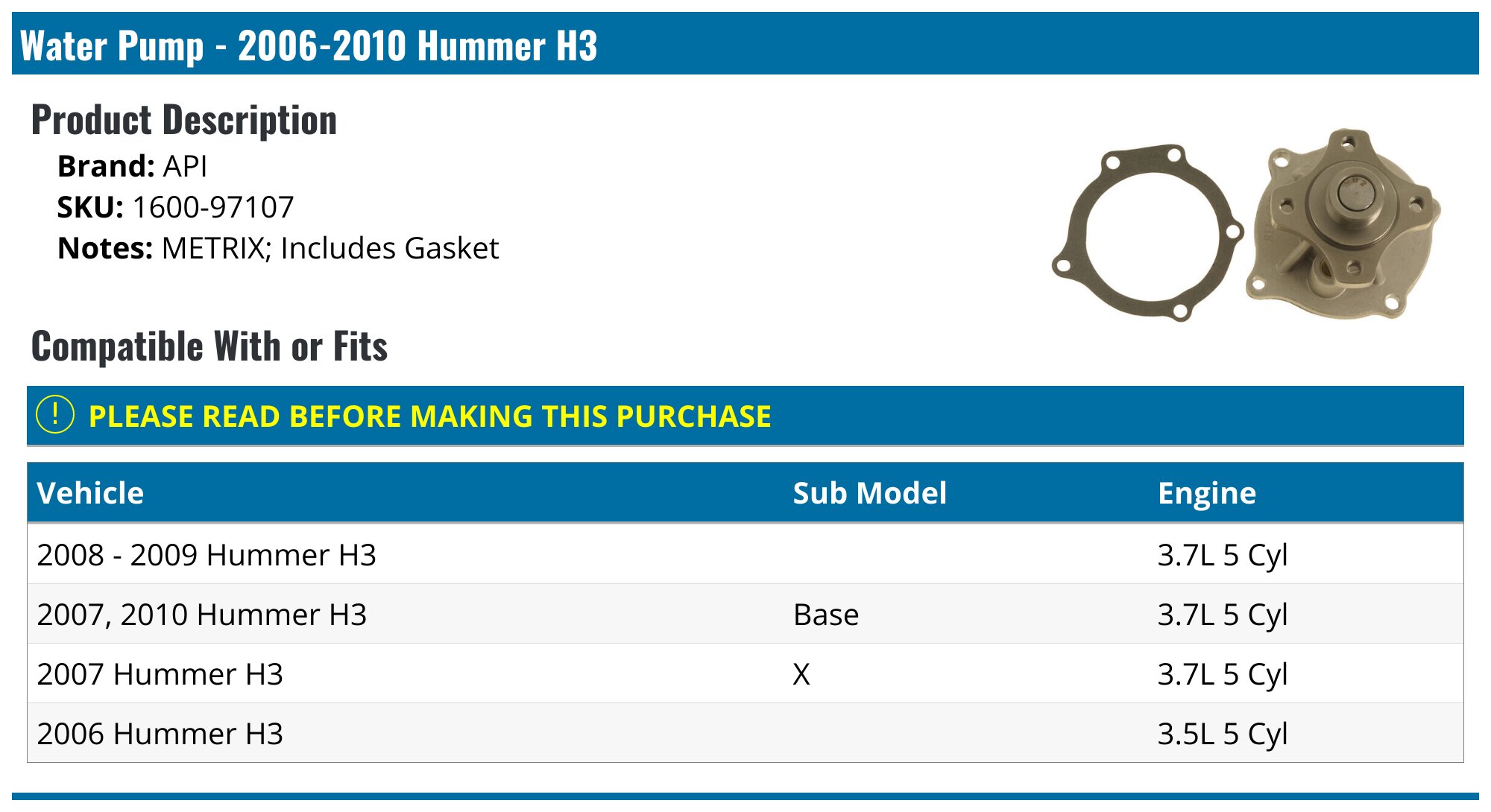 20062010 Hummer H3 Water Pump API 1860507629758