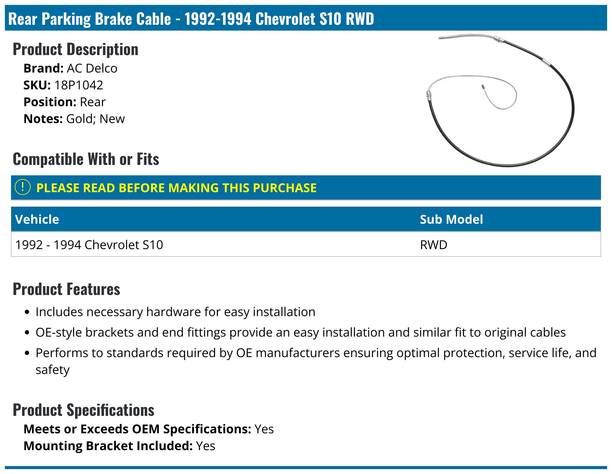 1992-1994 Chevrolet S10 Parking Brake Cable - Raybestos BC94687