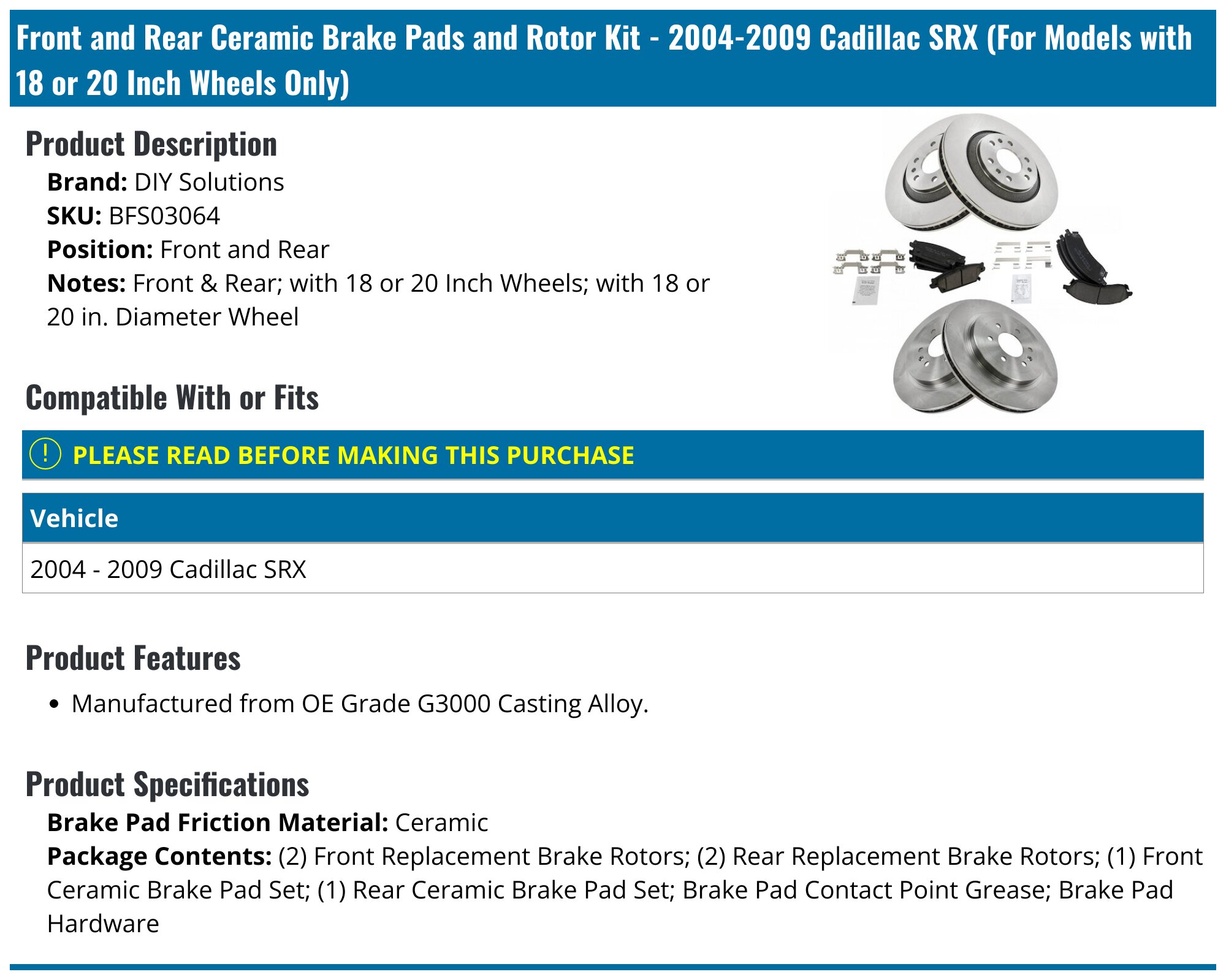 YXPCARS Front & Rear Ceramic Brake Pads For Cadillac SRX (2004-2009) - 8-Piece Set