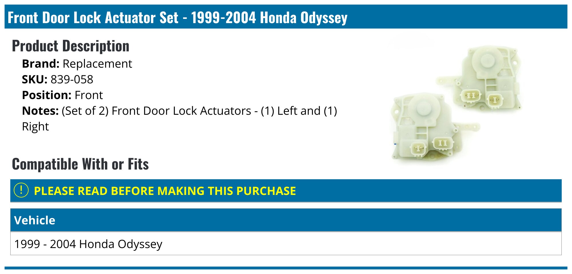 19992004 Honda Odyssey Door Lock Actuator Replacement 839058
