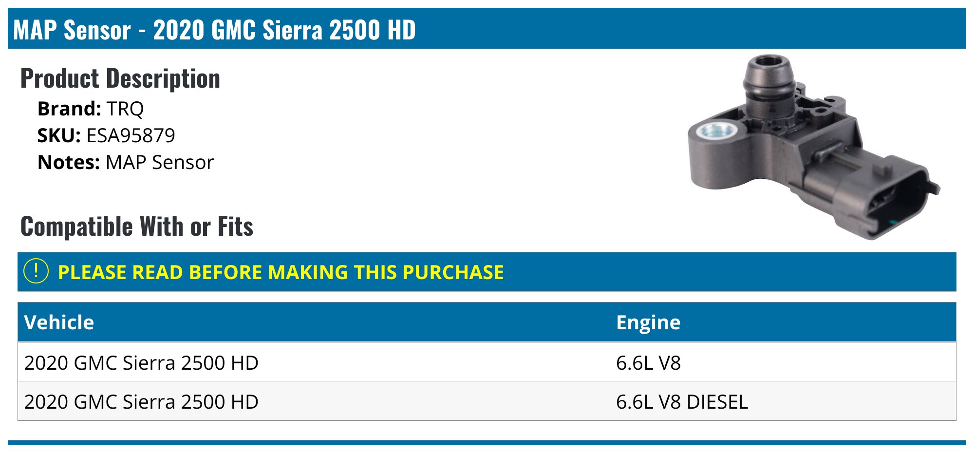 2020 GMC Sierra 2500 HD MAP Sensor - TRQ ESA95879 - PartsGeek.com