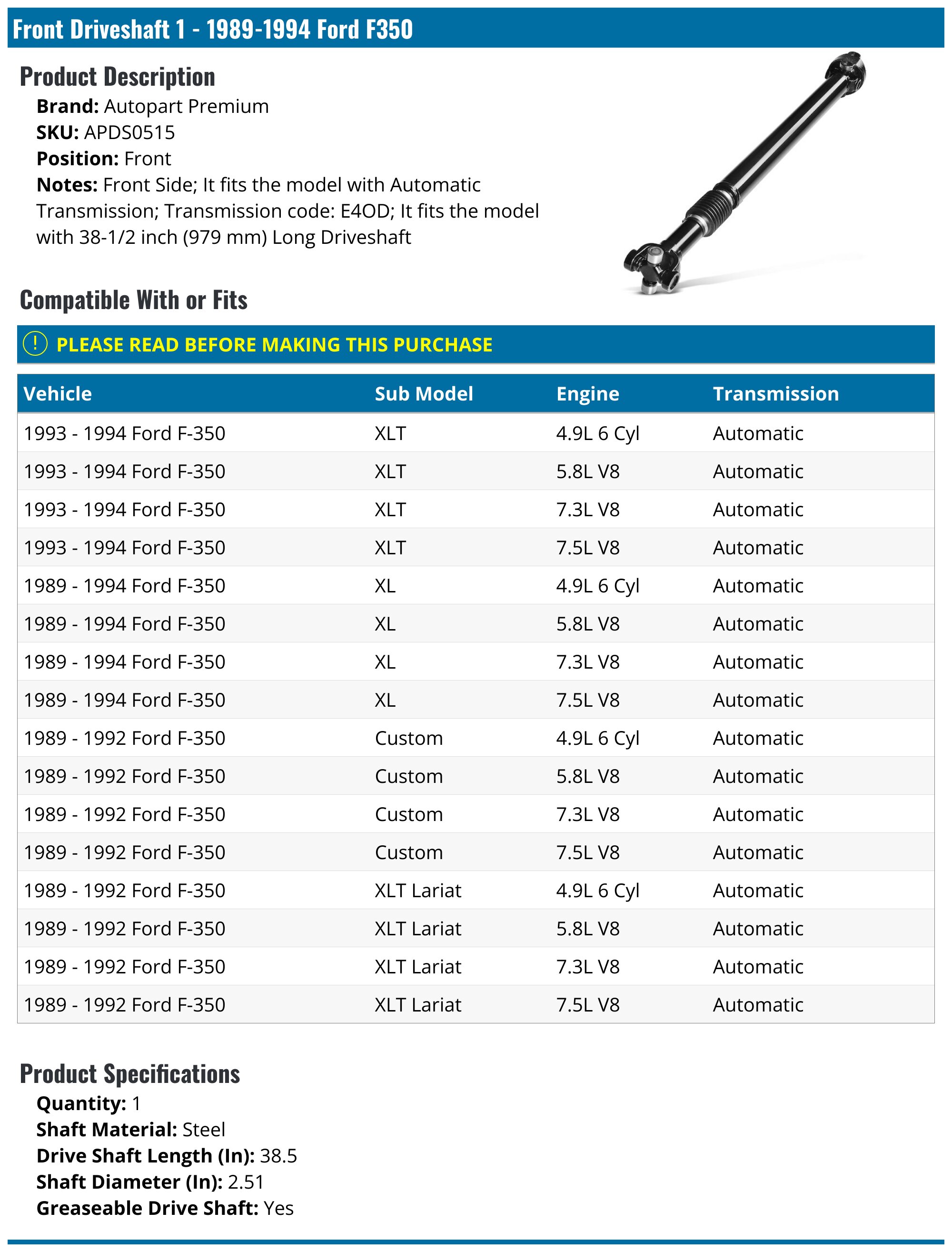 19891994 Ford F350 Drive Shaft Autopart Premium APDS0515 Front