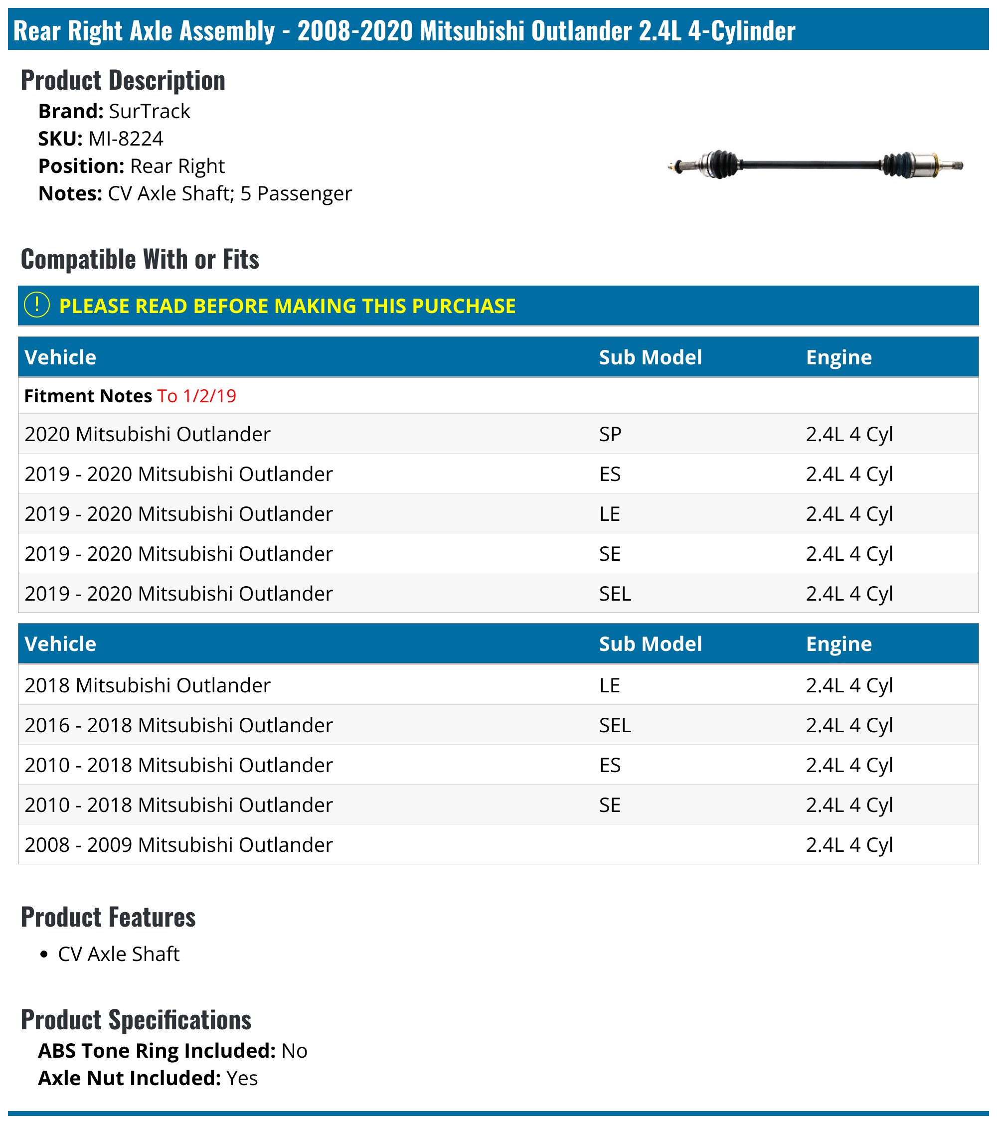 20082020 Mitsubishi Outlander Axle Assembly SurTrack MI8224 Rear