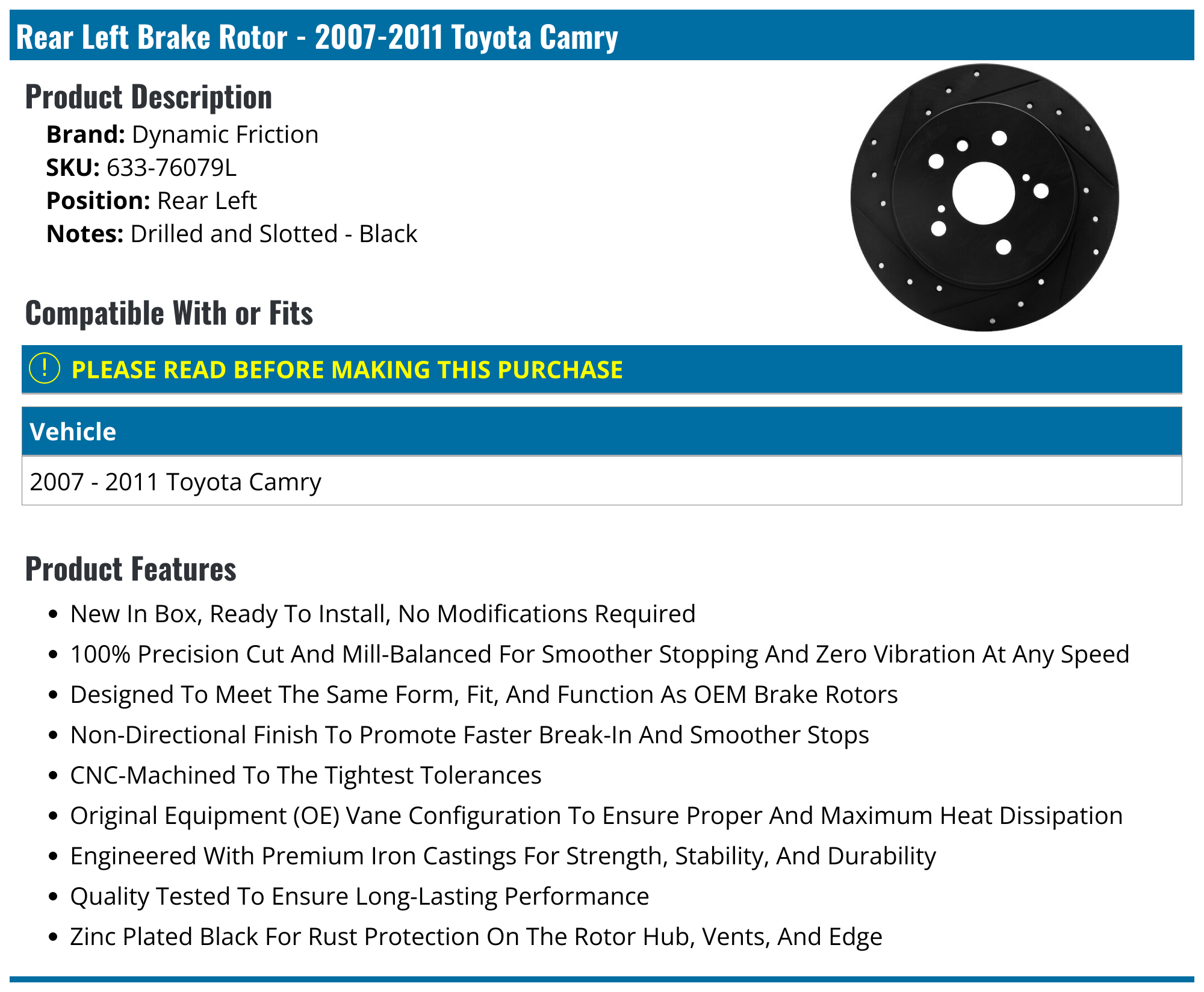 20072011 Toyota Camry Brake Rotor Dynamic Friction 63376079L Rear