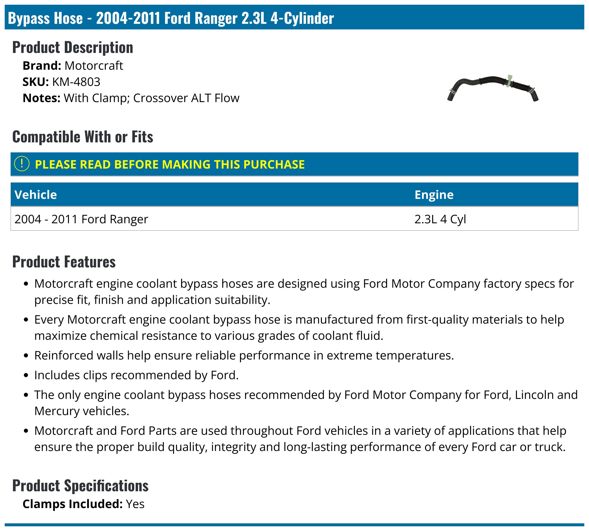 20042011 Ford Ranger Bypass Hose Motorcraft KM4803