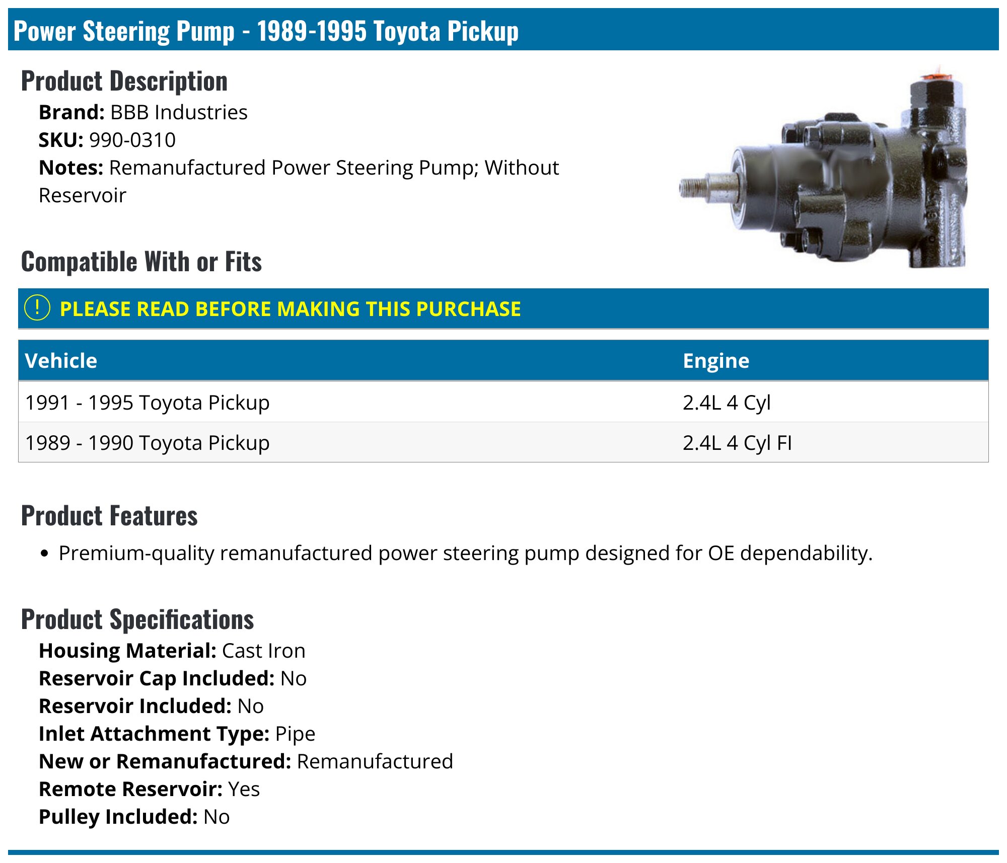 19891995 Toyota Pickup Power Steering Pump BBB Industries 9900310