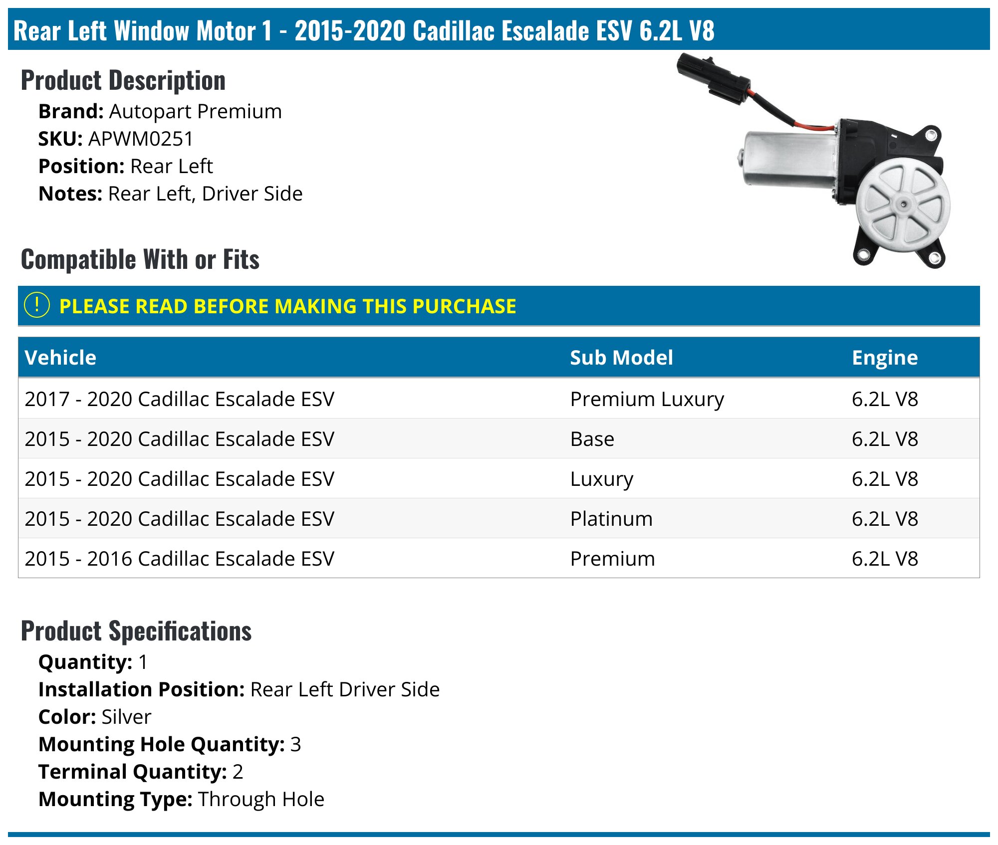 2015-2020 Cadillac Escalade ESV Window Motor - Autopart Premium 