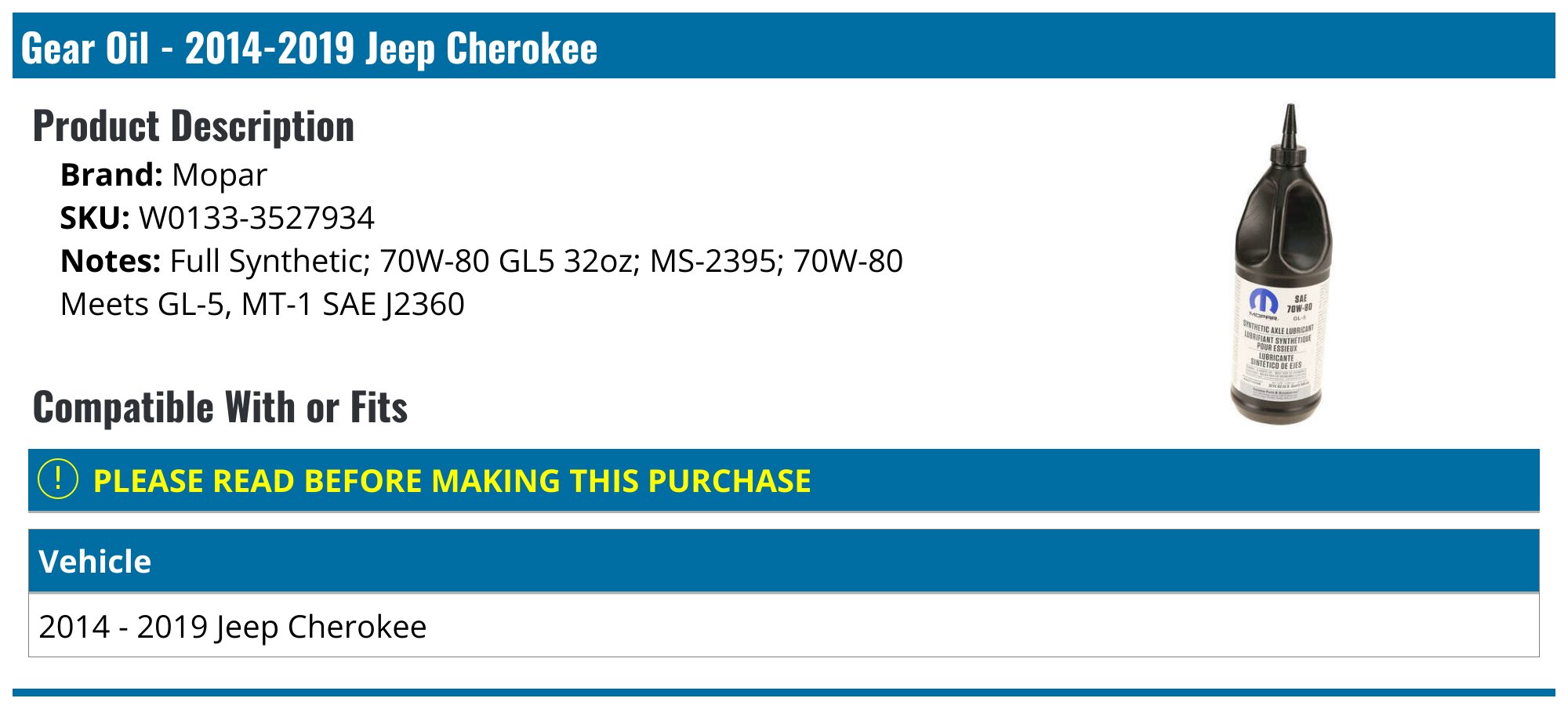 20142019 Jeep Cherokee Gear Oil Mopar W01333527934