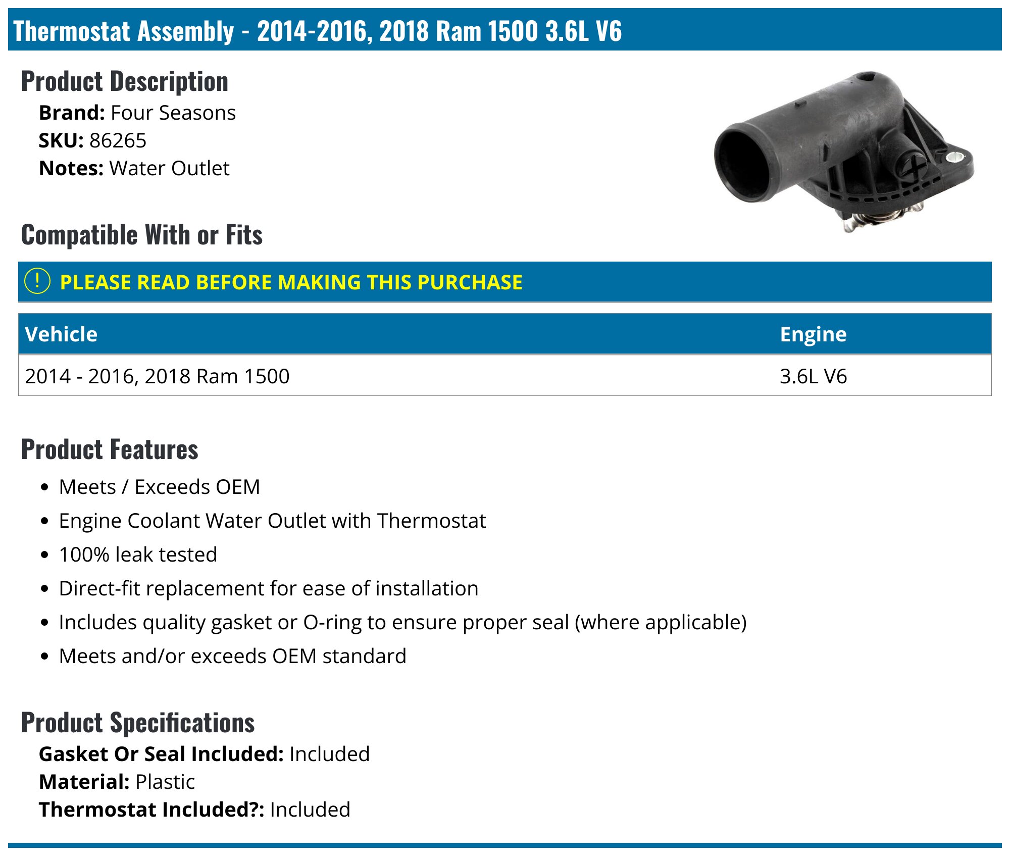 Aluminum Thermostat Housing For Dodge Jeep Ram 3.6L (2011-2019) – 95°C, Silver