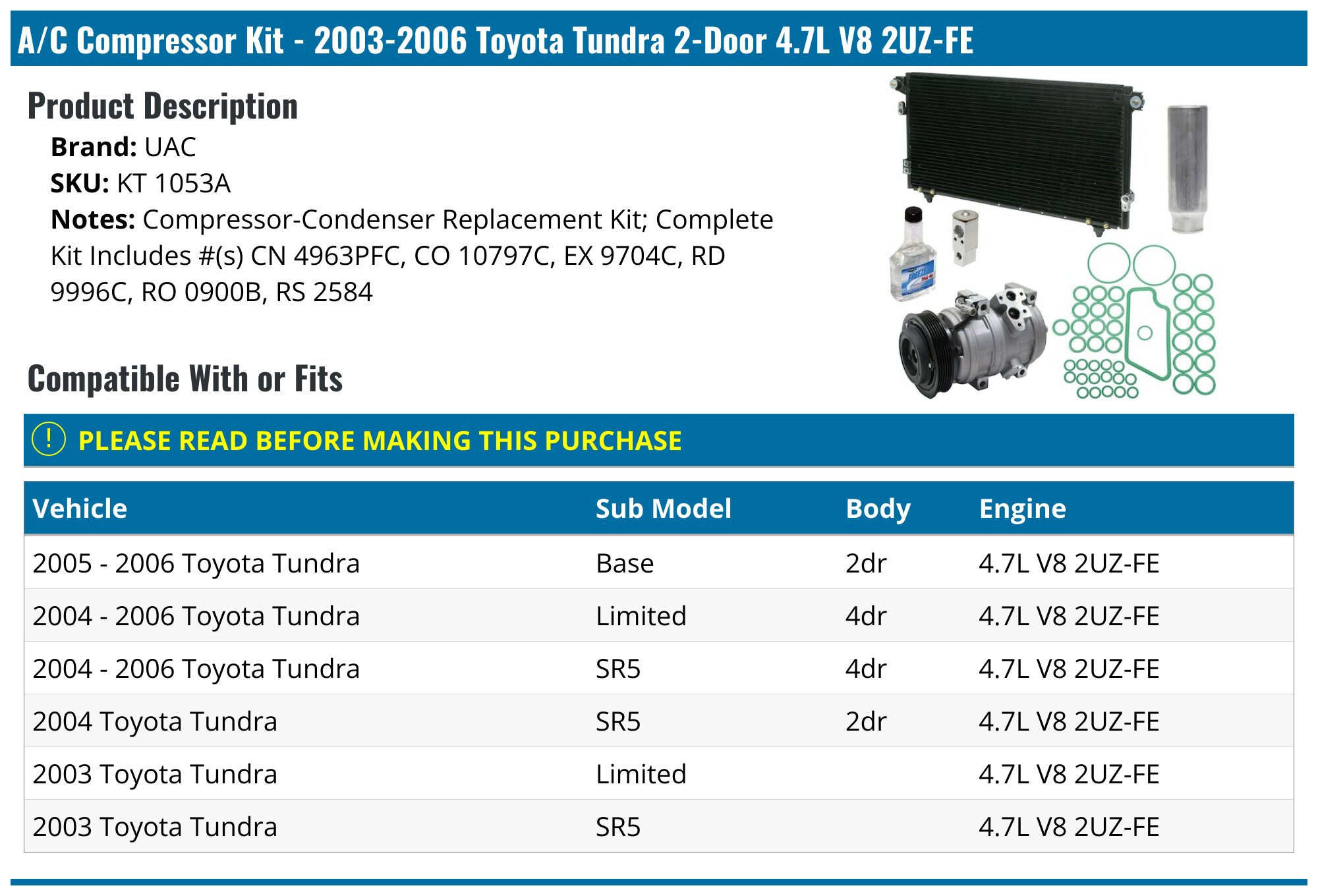 2003-2006 Toyota Tundra A/C Compressor - UAC KT 1053A - PartsGeek.com