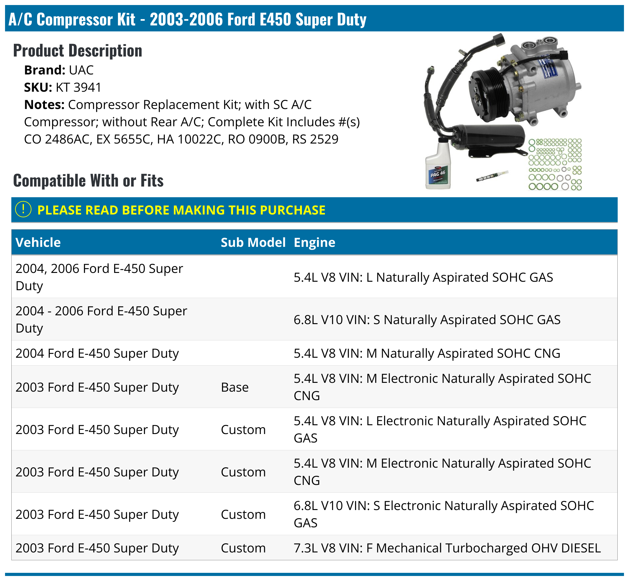 2003-2006, 2010-2019, 2021-2026 Ford E450 Super Duty A/C Compressor ...