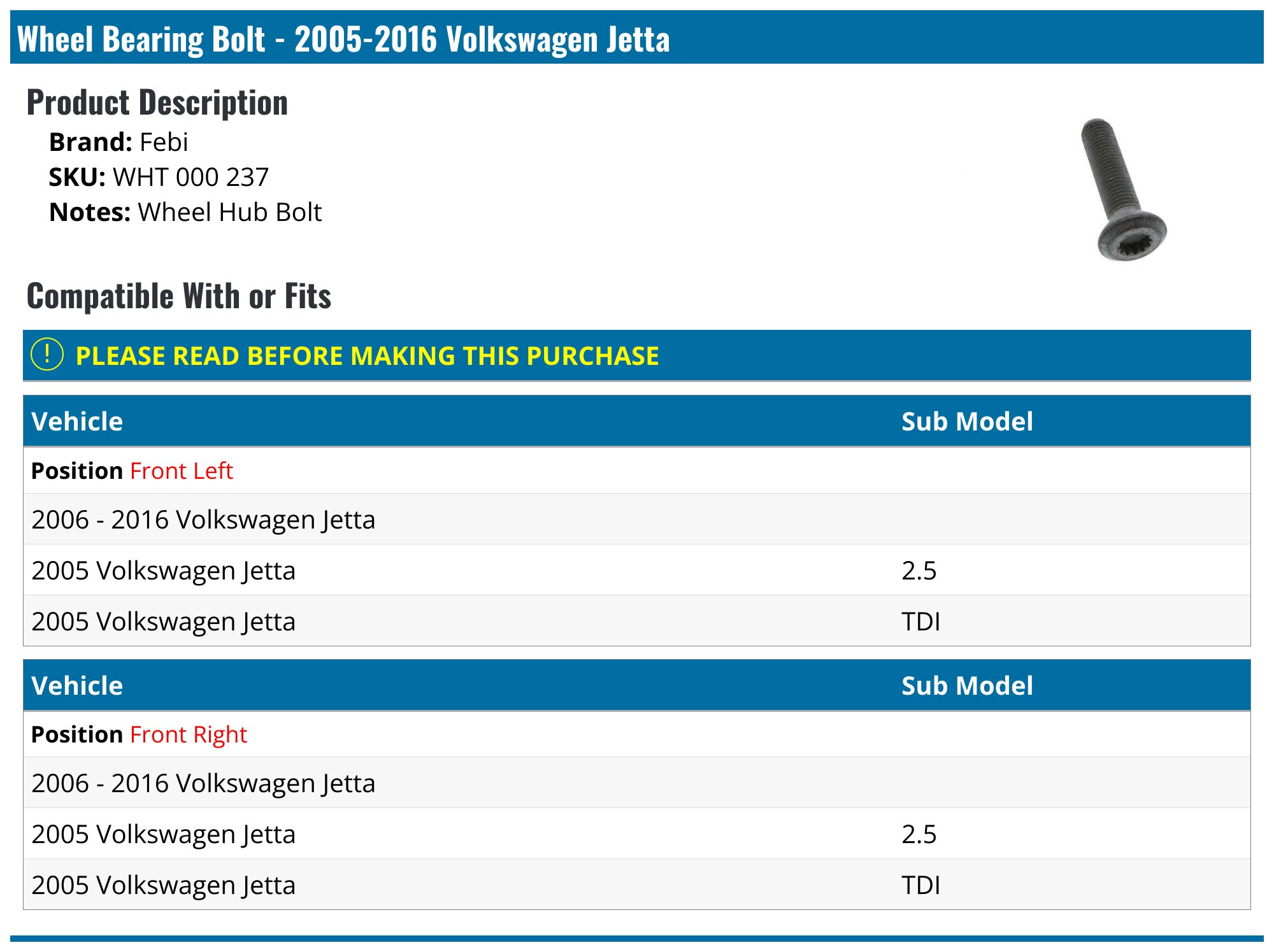 2005-2016 Volkswagen Jetta Wheel Bearing Bolt - Febi WHT 000 237 ...