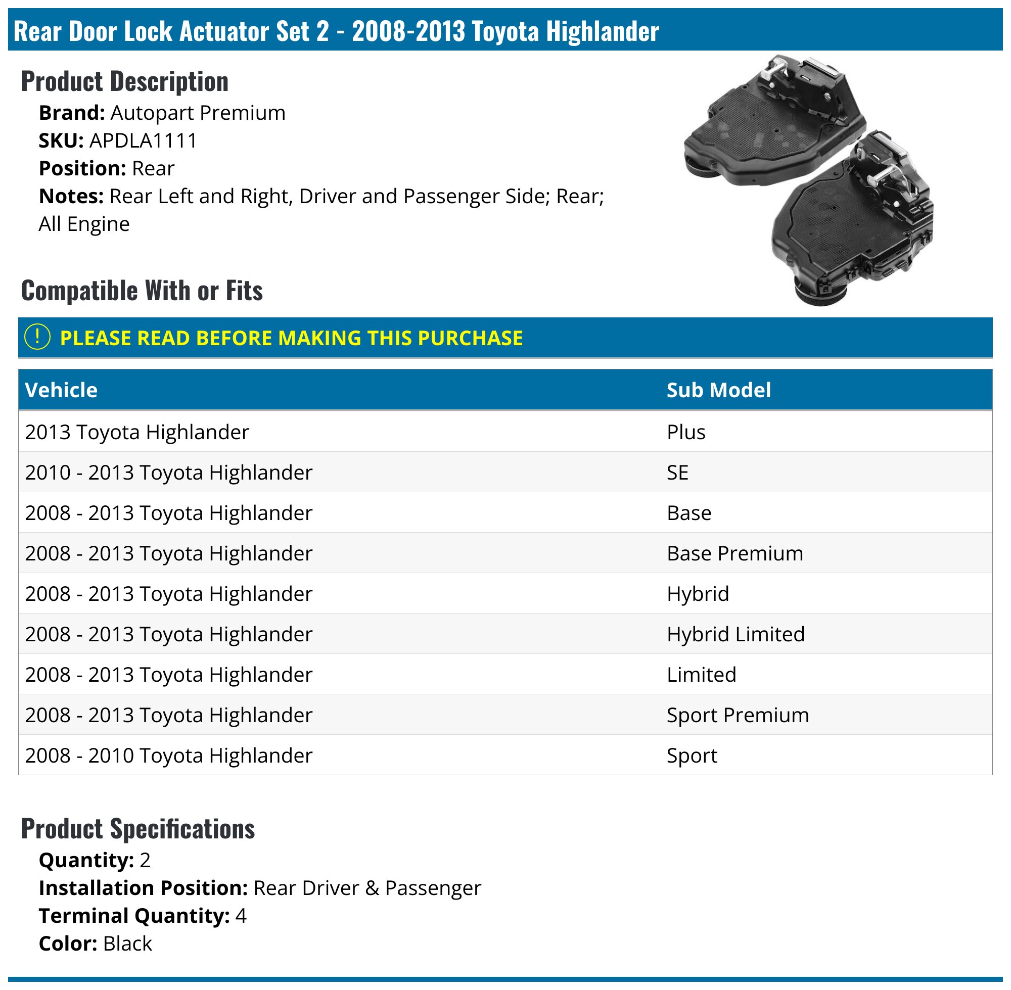 2008-2013 Toyota Highlander Door Lock Actuator - Autopart Premium