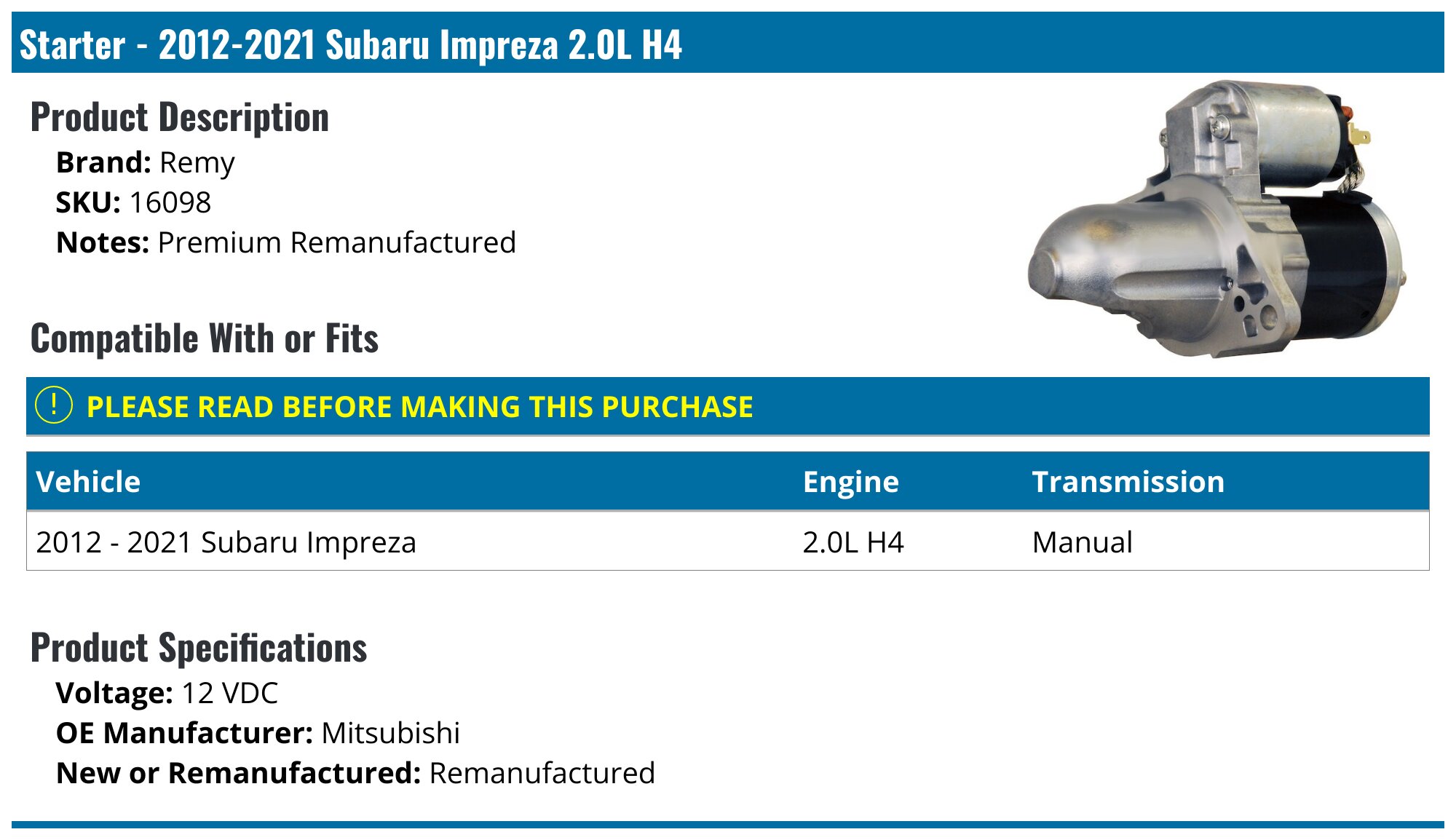 Starter Motor For Subaru Impreza 2002-2007 & Saab 9-2X 2005 | 1.0KW 12V 9T CCW