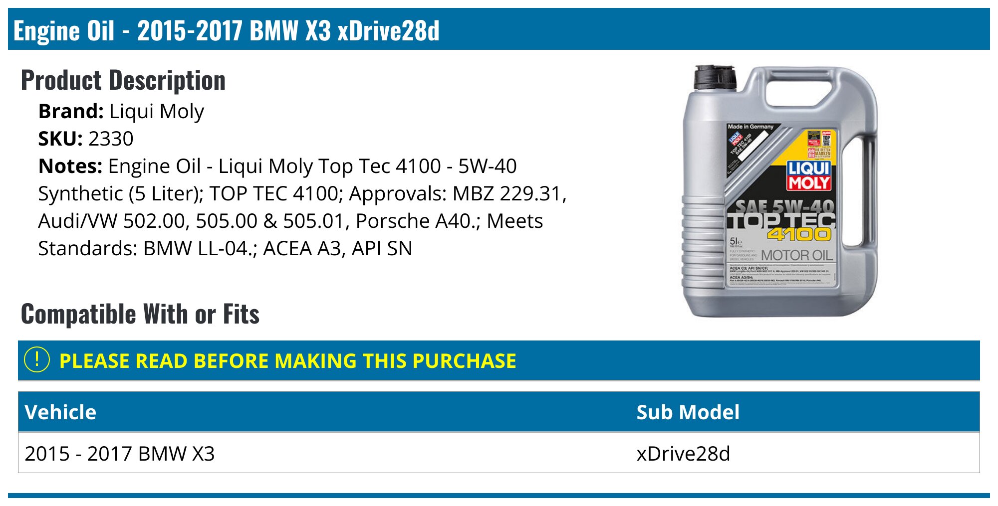 2015-2017 BMW X3 Engine Oil - Liqui Moly 2330 - PartsGeek.com