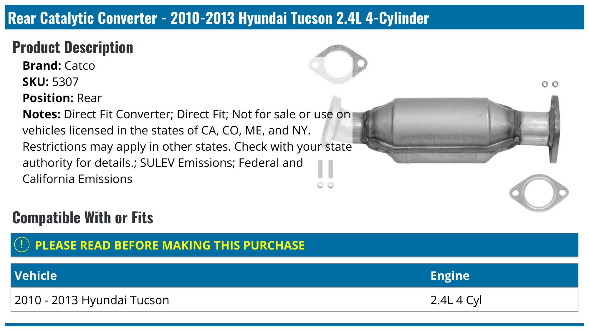 20102013 Hyundai Tucson Catalytic Converter Catco 5307 Rear