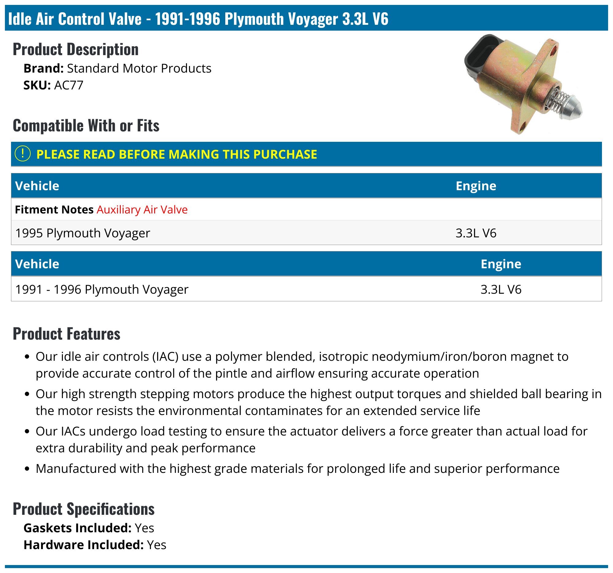 New Idle Air Control Valve (IAC) AC77T - Fits Chrysler, Dodge, Plymouth, Eagle 1991-1997 Models 3 thumbnail image