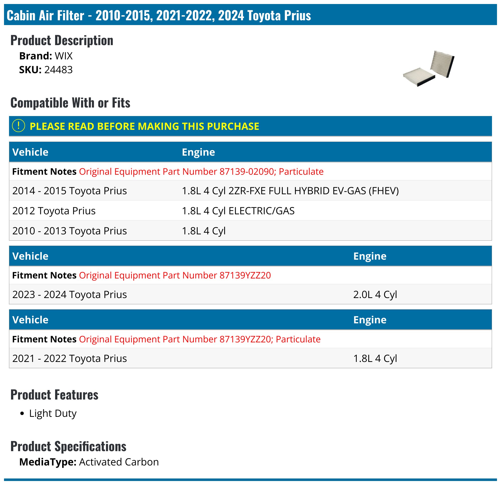 Cabin Air Filter - Compatible with 2017 - 2022 Toyota Prius Prime 1.8L 4-Cylinder 2018 2019 2020 2021