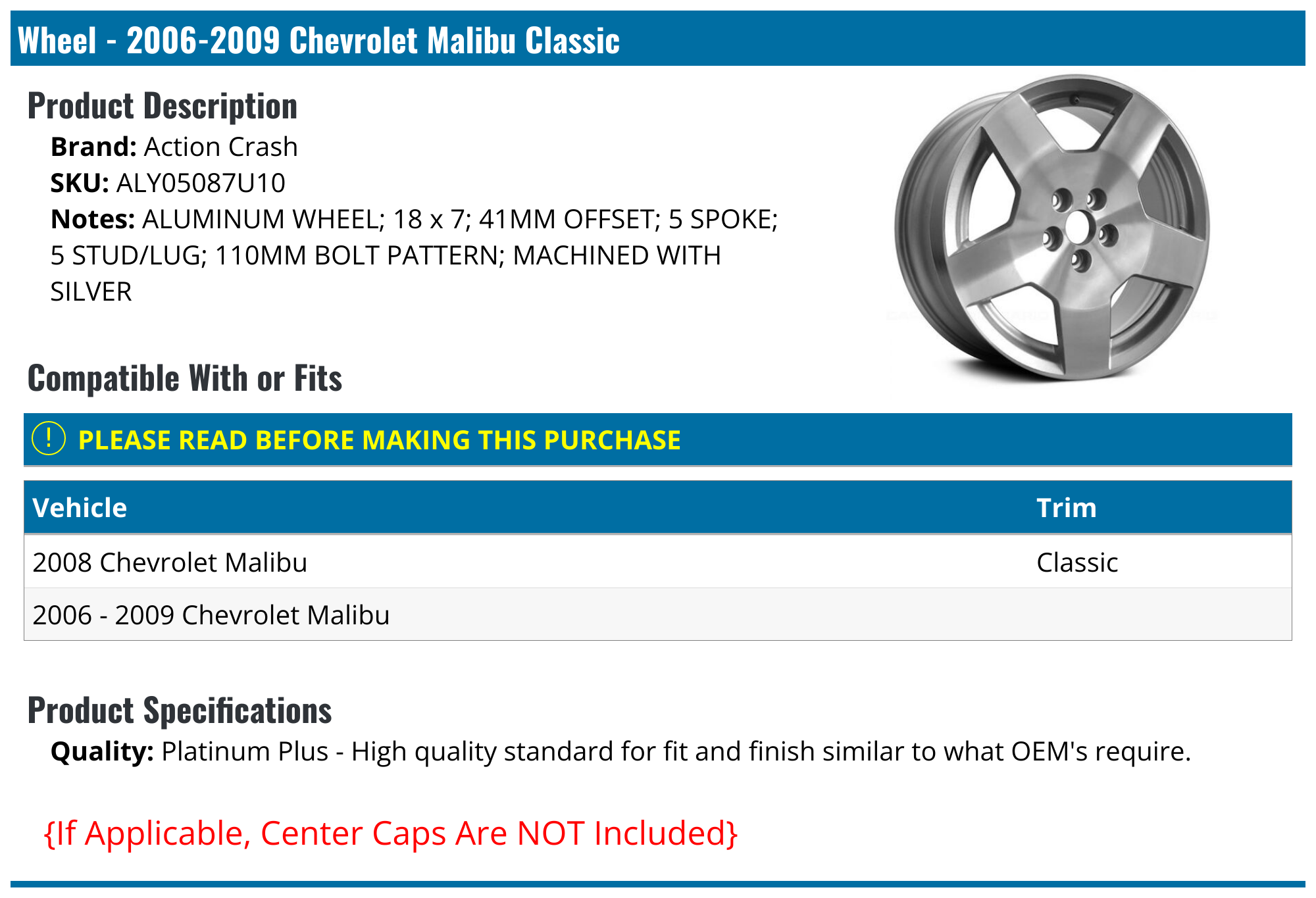 Chevrolet Malibu Wheel - Rims - Action Crash Dorman - 2010 2012 2008 2009  2011 2024 2004 2005 10 12 08 09 11 24 04 05 - PartsGeek, image size:2000x1365