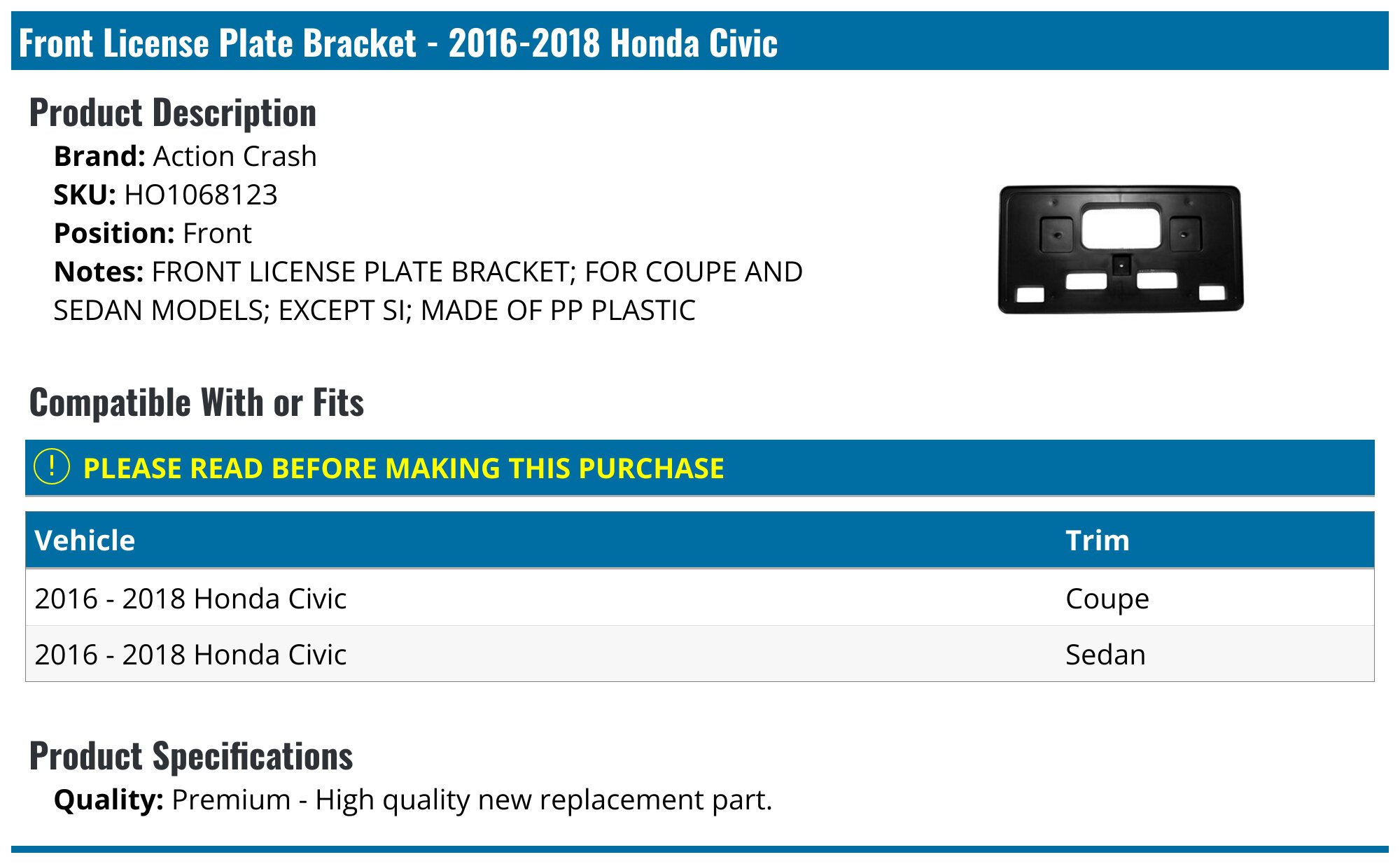 Evan-Fischer Front Bumper Retainer Bracket Set For 2016-2018 Honda Civic Sedan/Coupe