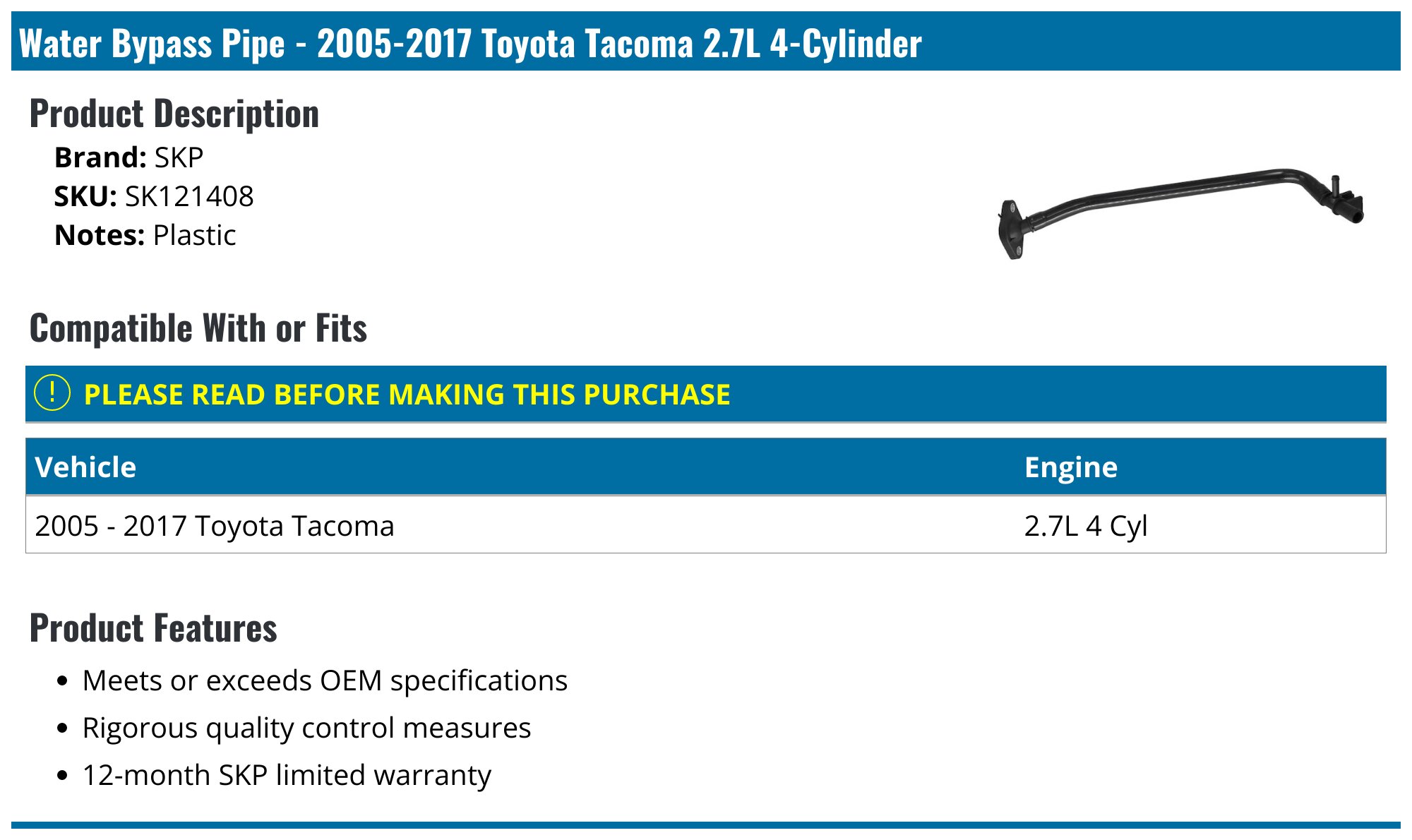 20052017 Toyota Water Bypass Pipe SKP SK121408