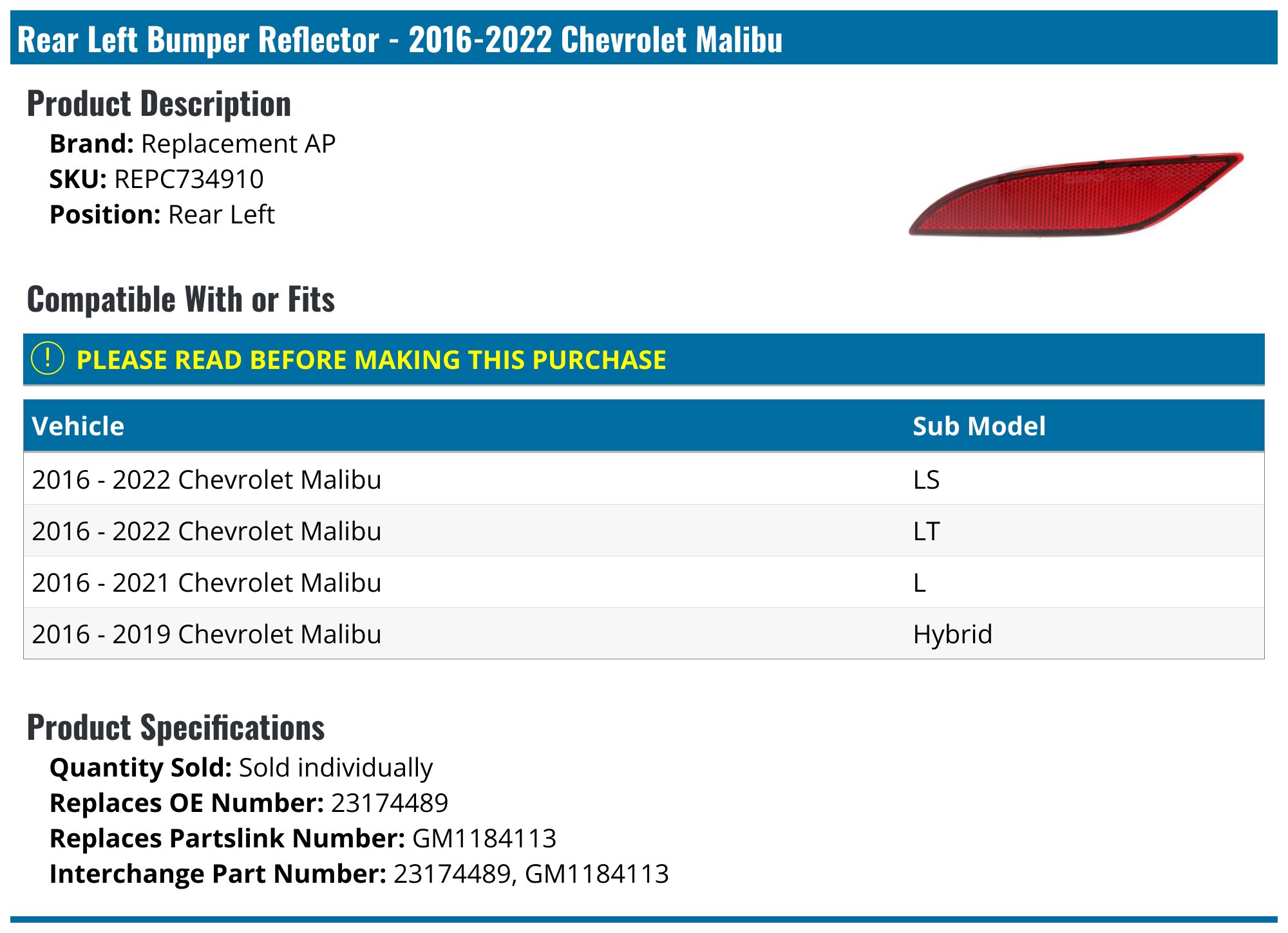 Kit Réflecteurs Pare-chocs Arrière Pour Chevrolet Malibu 2016-2023 - 2 Pièces Rouge | Réflecteurs Arrière Gauche Et Droite