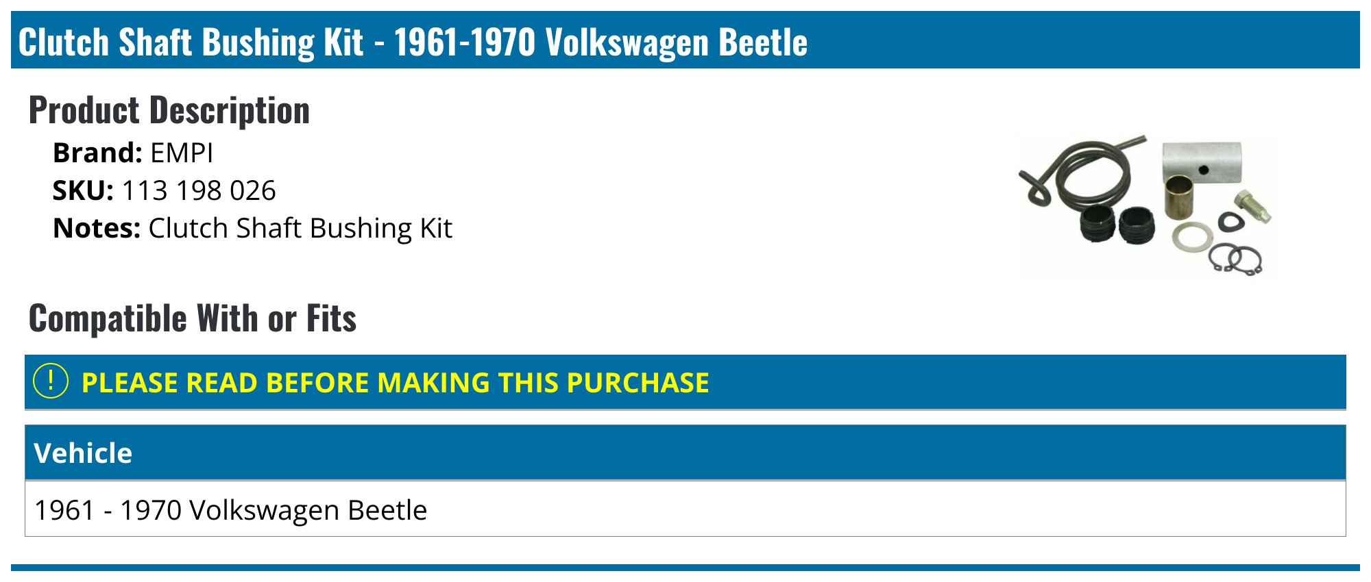 Empi 98-1088-B VW Bug Clutch Throw Out Shaft Bushing Repair Kit – Fits 1961-72