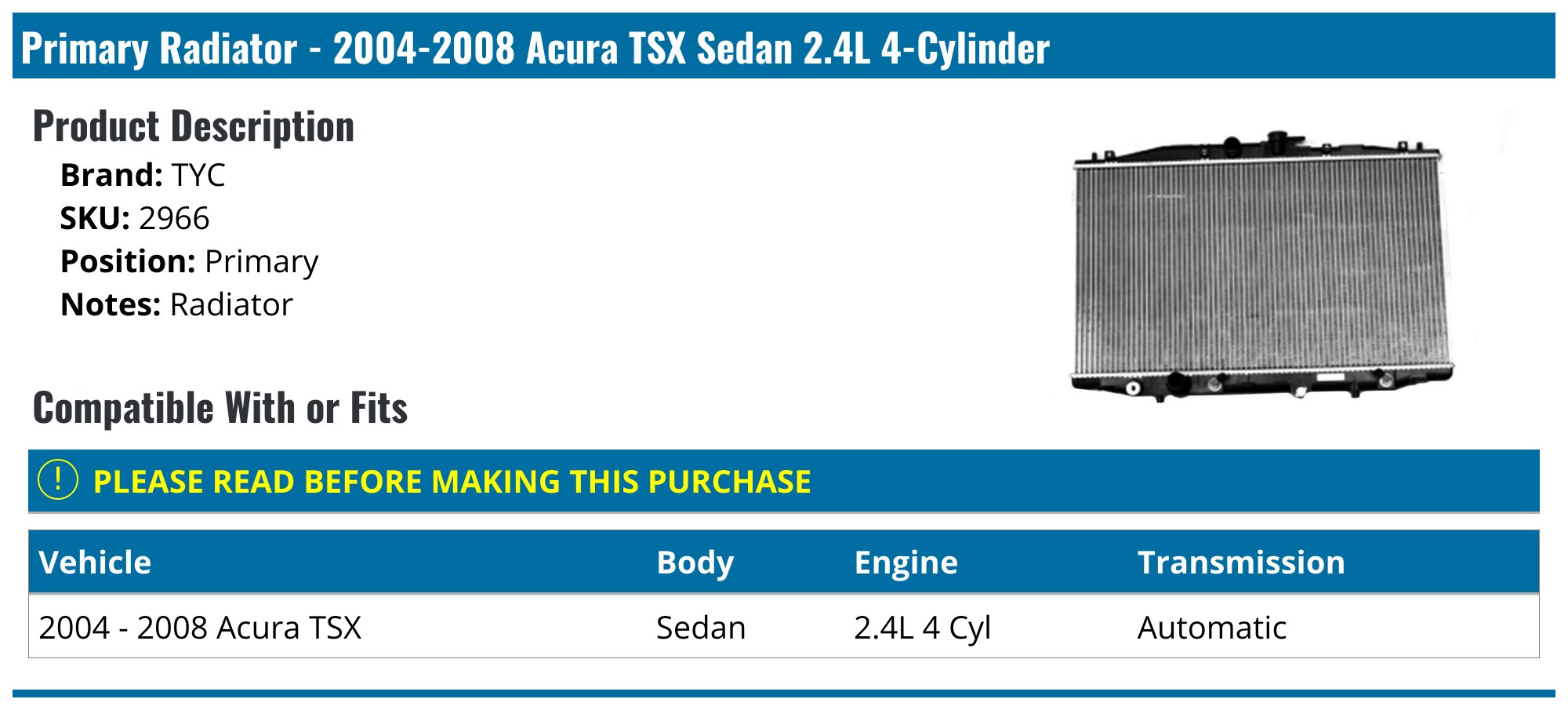 AM Autoparts Radiator For 2004-2008 Acura TSX – Aluminum/Plastic, 1.25" Inlet/Outlet, 10-Year Warranty