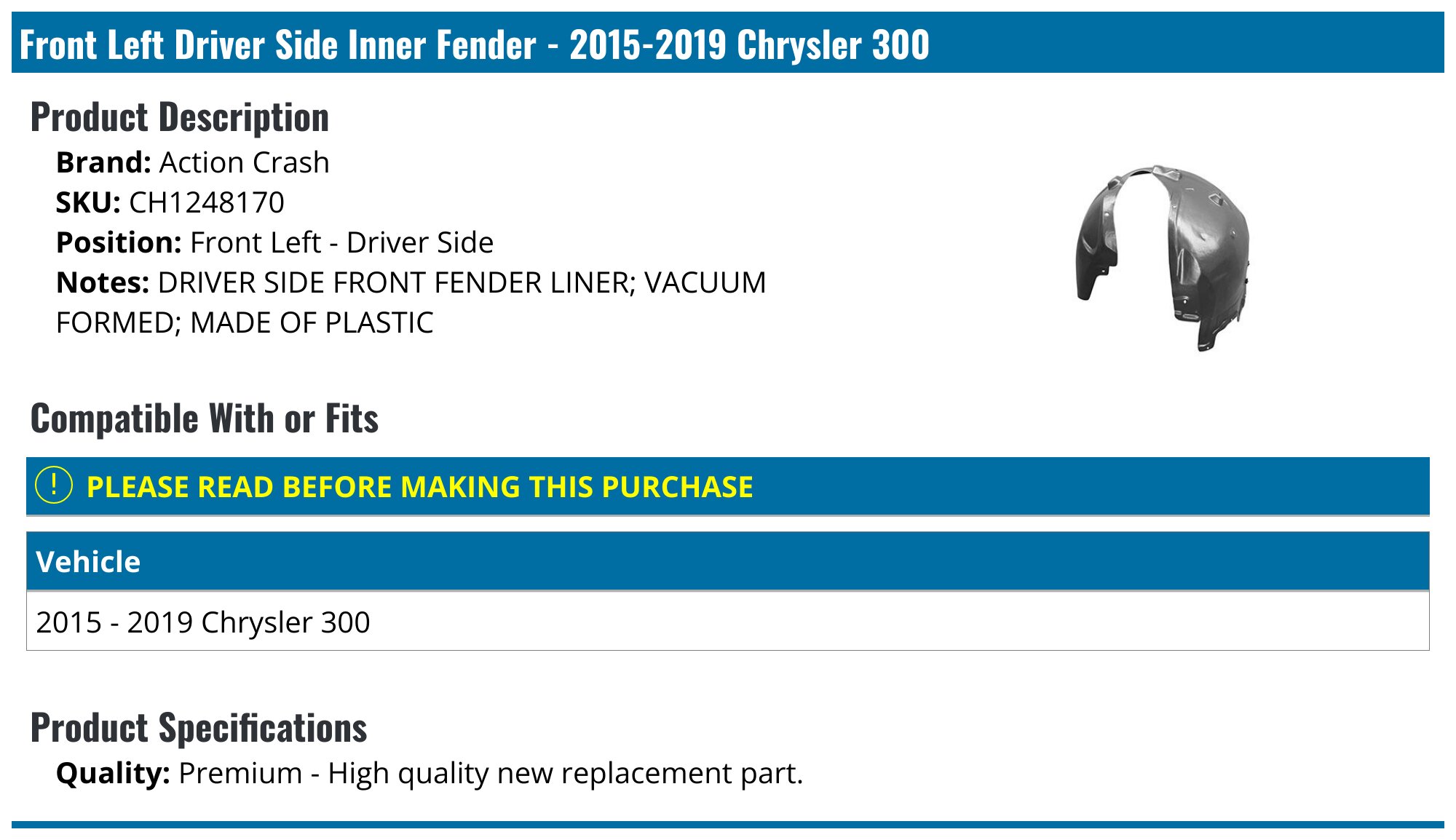 TRQ Front Right Inner Fender Liner Black For 2015-2017