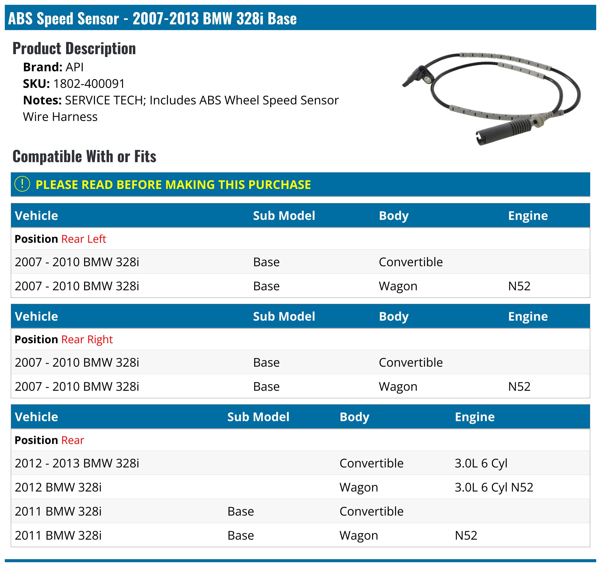 2007-2013 BMW 328i ABS Speed Sensor - API 19124-02939199 - Rear Left ...