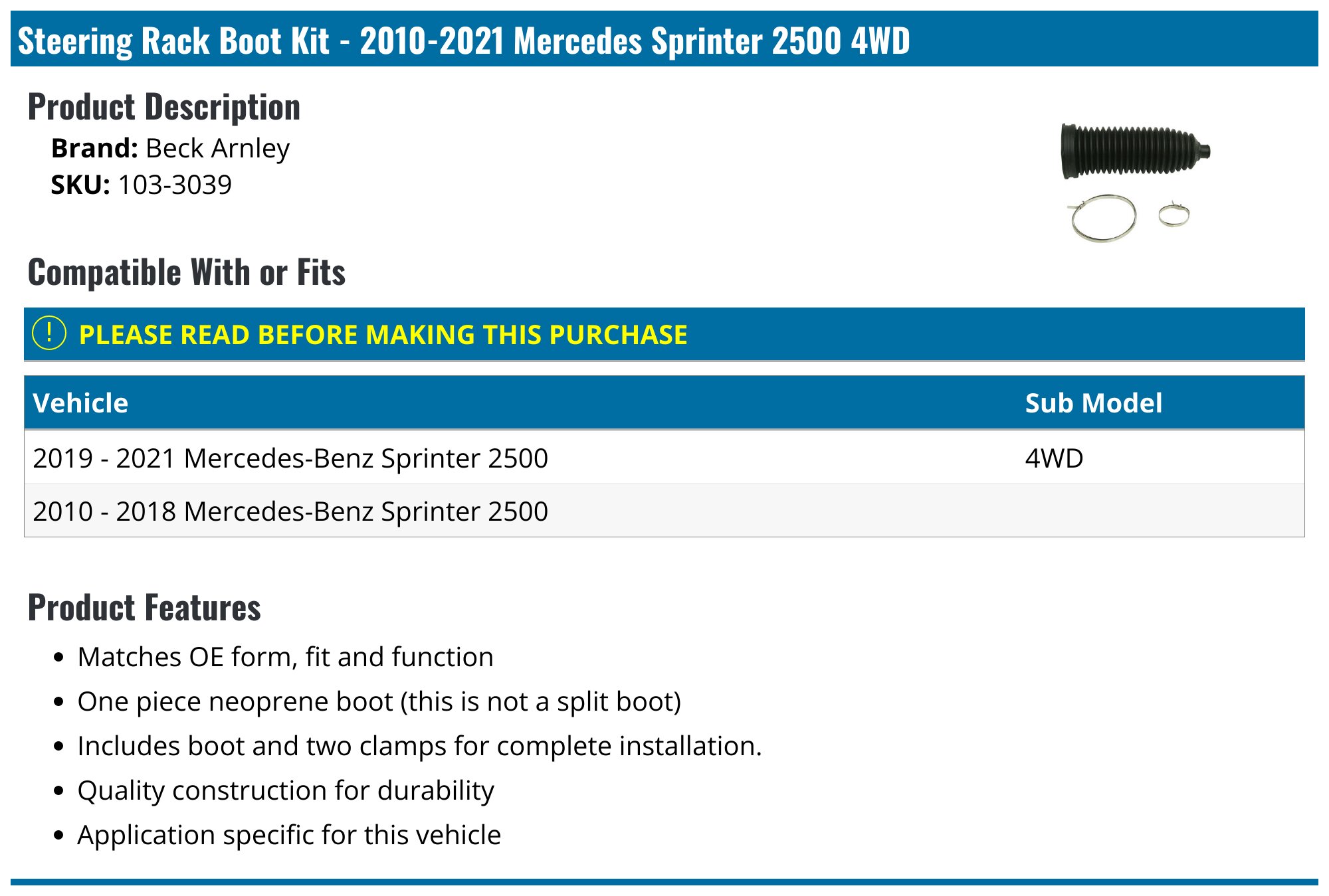 Benz Sprinter Boot 2010-2025 Mercedes Sprinter 2500 Steering Rack Boot Kit - Beck Arnley ...