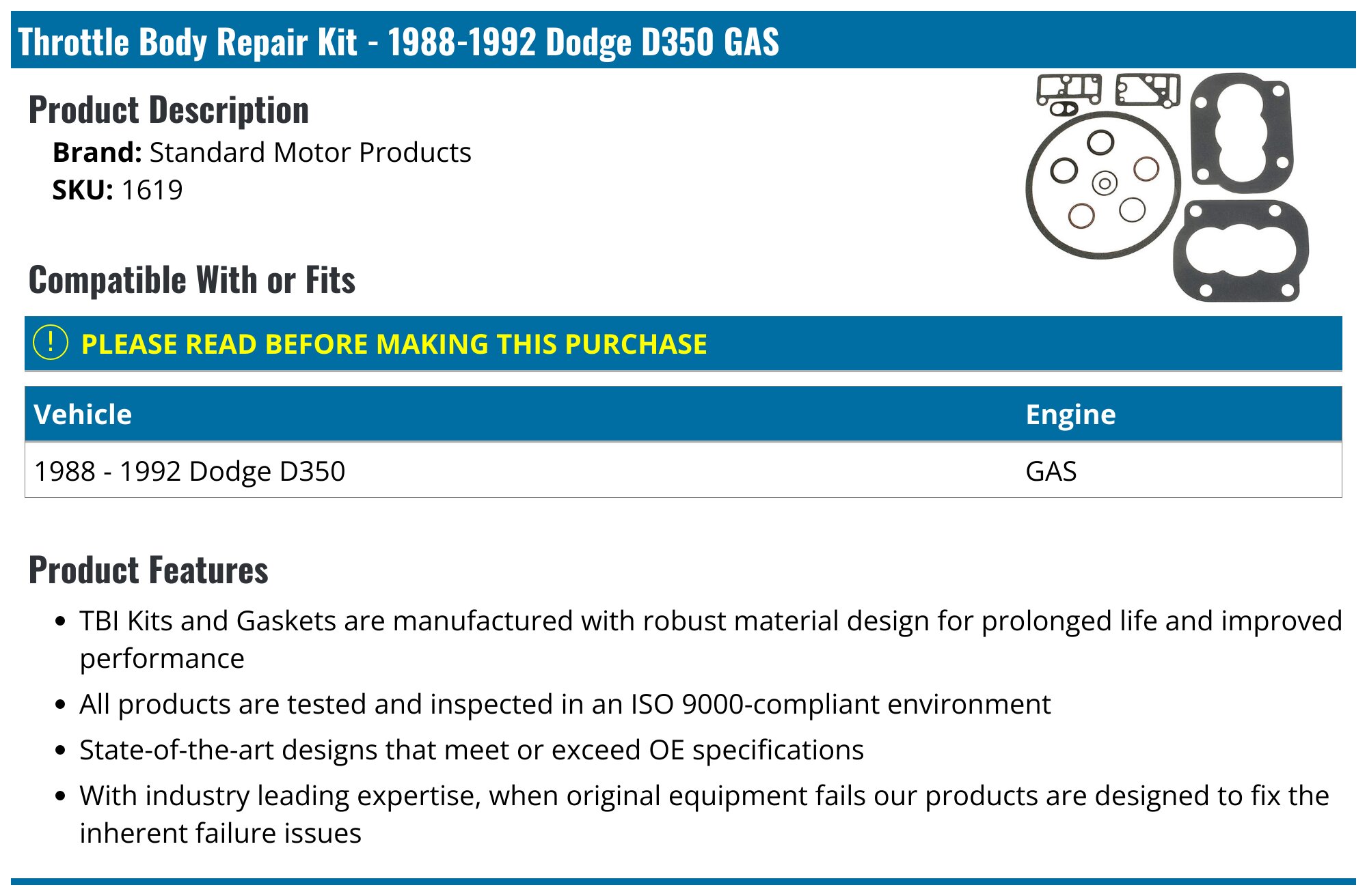 Standard Motor Products 1619 Fuel Injection Throttle Body Repair Kit – Service Kit With 1-Year Warranty