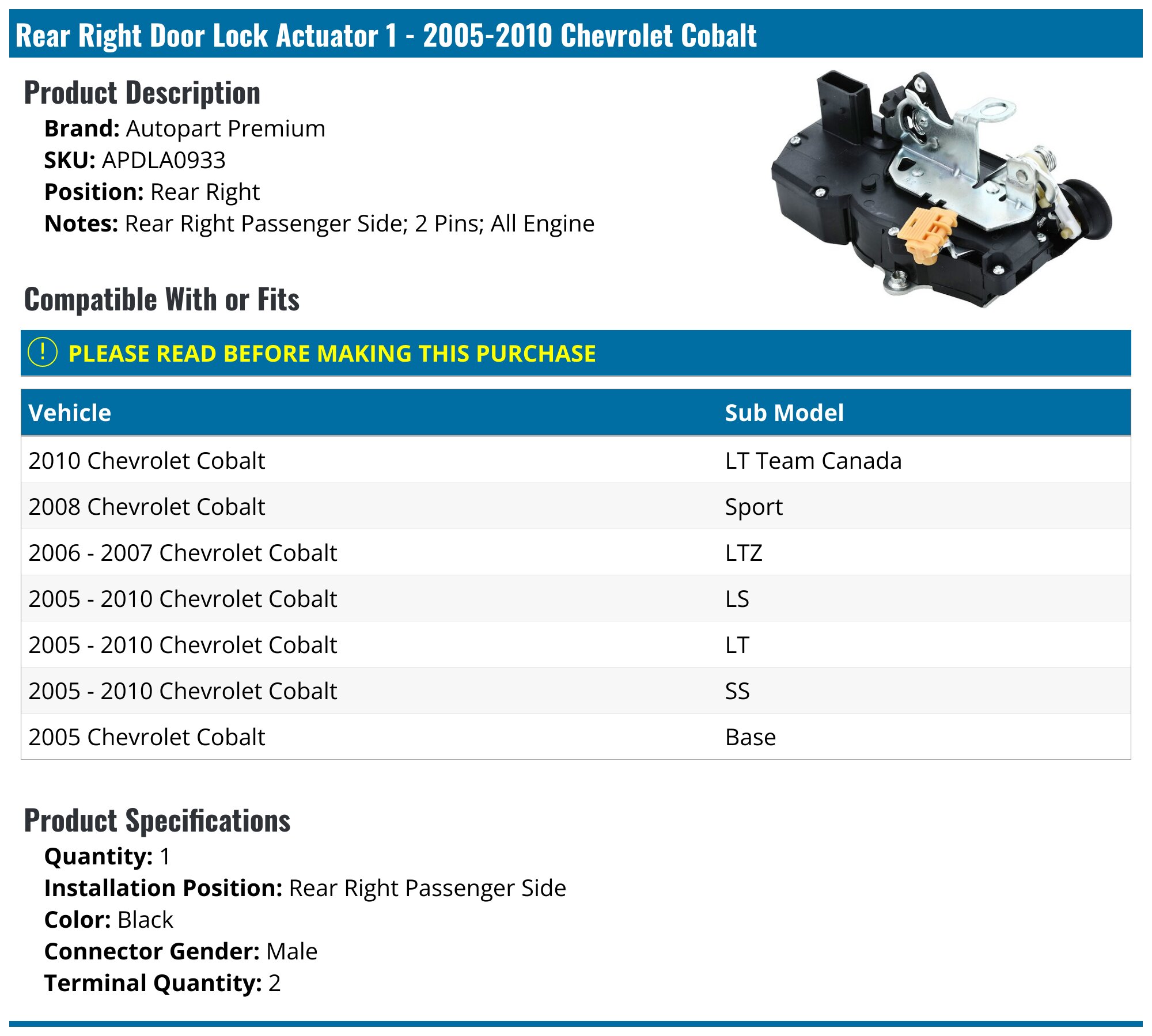 Front Passenger Side Door Lock Actuator For Chevy Cobalt Pontiac G5 05-10