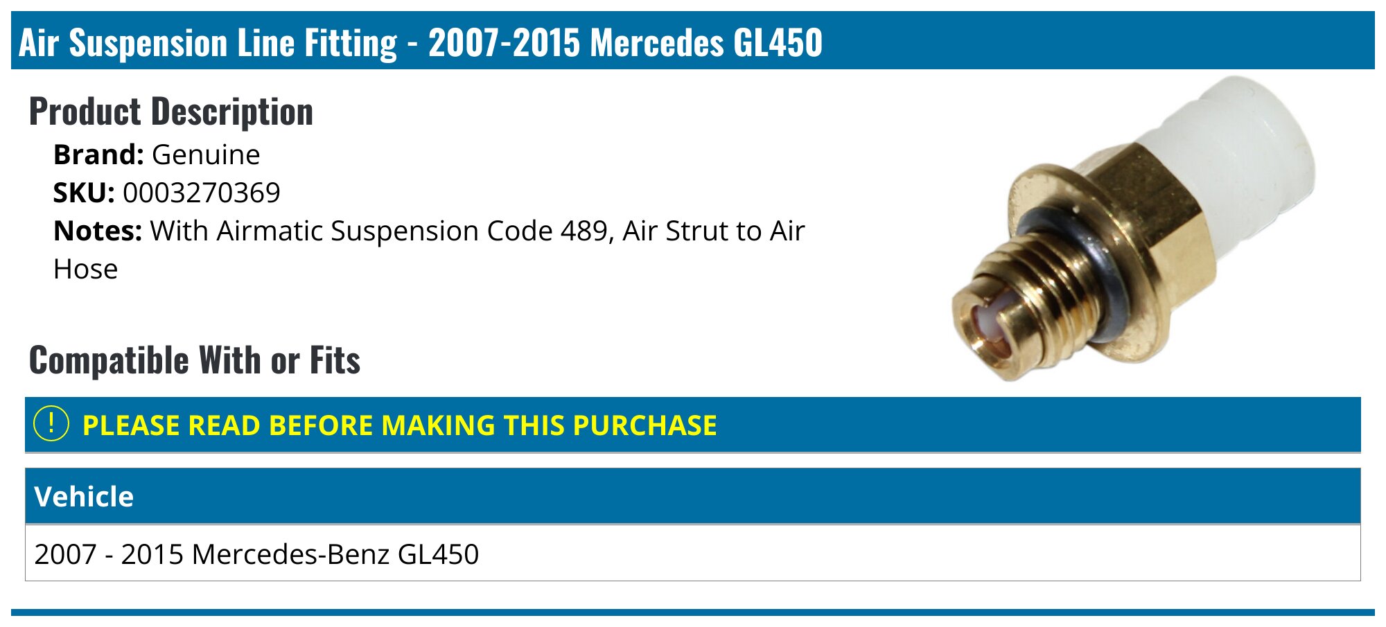 2007-2015 Mercedes GL450 Air Suspension Line Fitting - Genuine ...