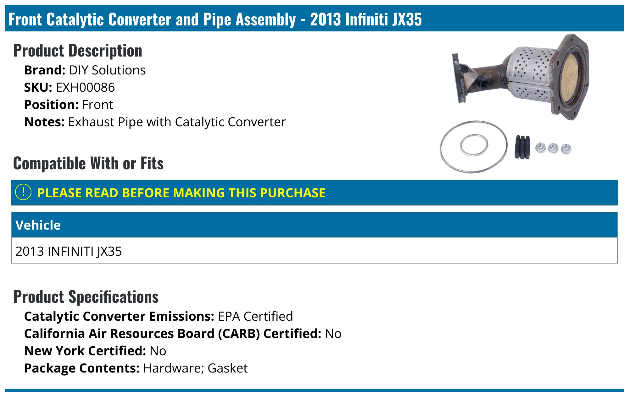 2013 Infiniti JX35 Catalytic Converter DIY Solutions EXH00086 Front