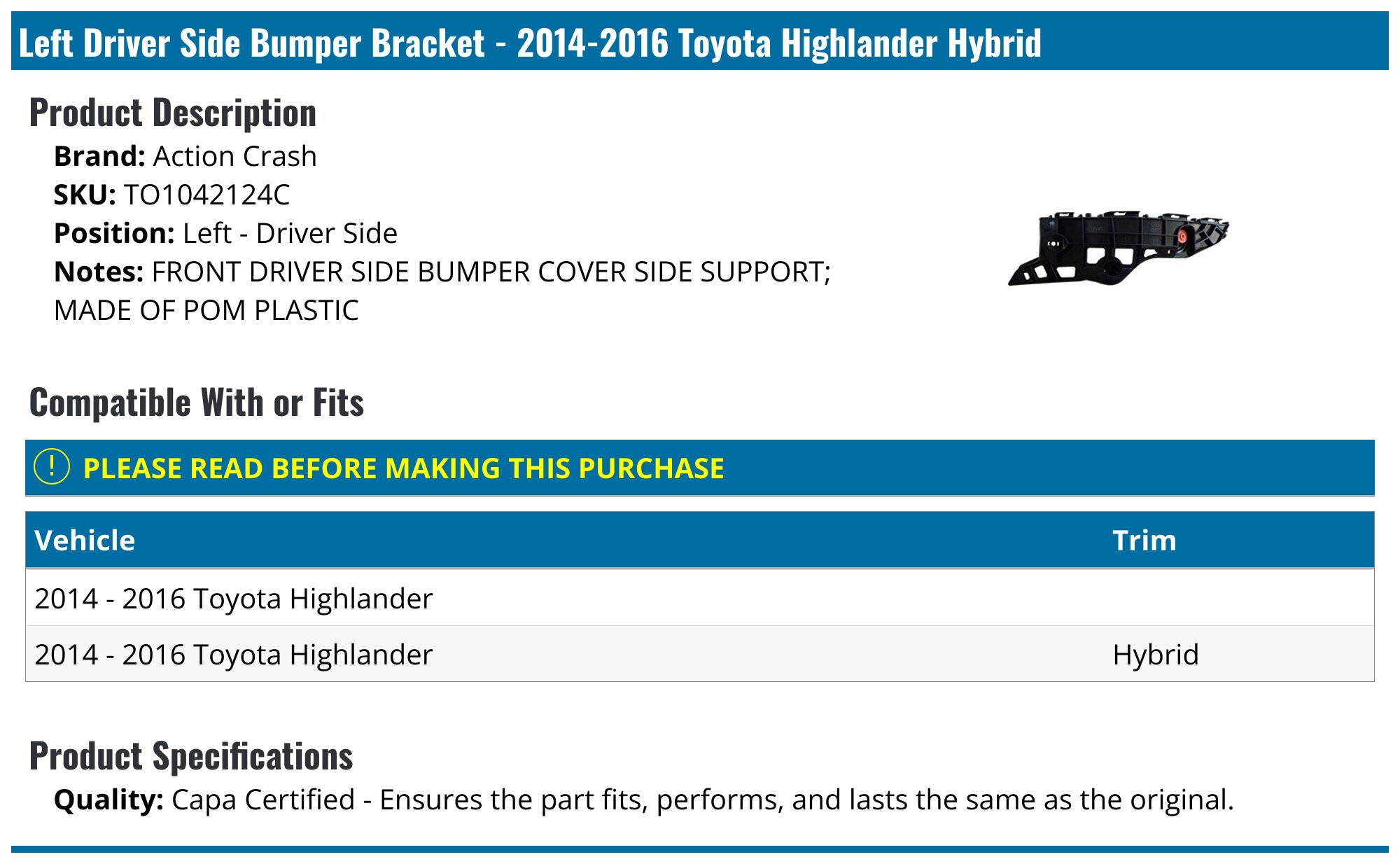 w/4 Bumper Brackets For Toyota Highlander 2014 - 2016 Upper Lower