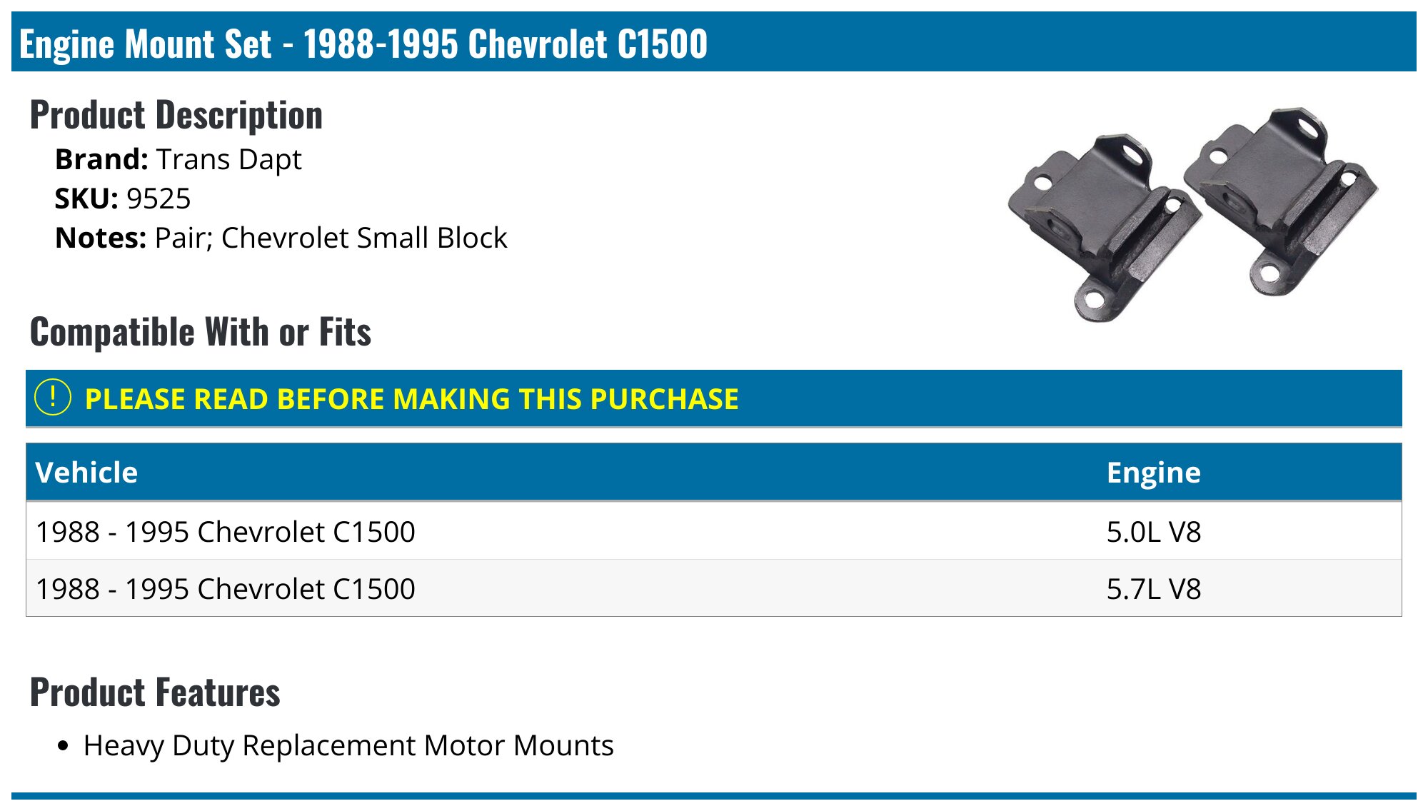 1988-1995 Chevrolet C1500 Engine Mount Set Trans Dapt 88-95 Chevrolet En...