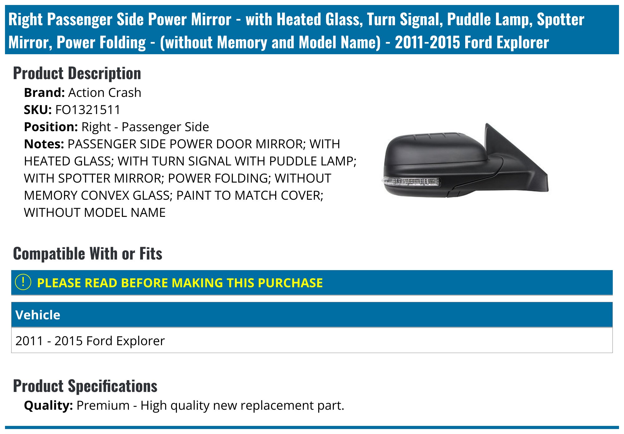 Kool Vue Passenger Side Mirror For Ford Explorer 2011-2015 – Heated, Puddle Light, Signal, Blind Spot, Paintable