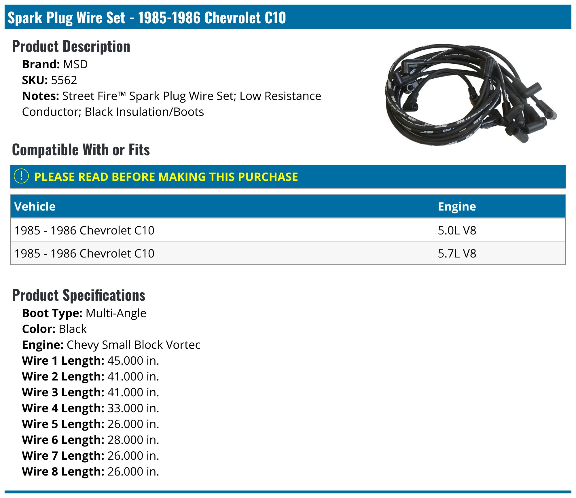 MSD Street FireGäó Spark Plug Wire Set For 1990 Chevrolet C3500 4F2ACB-772C