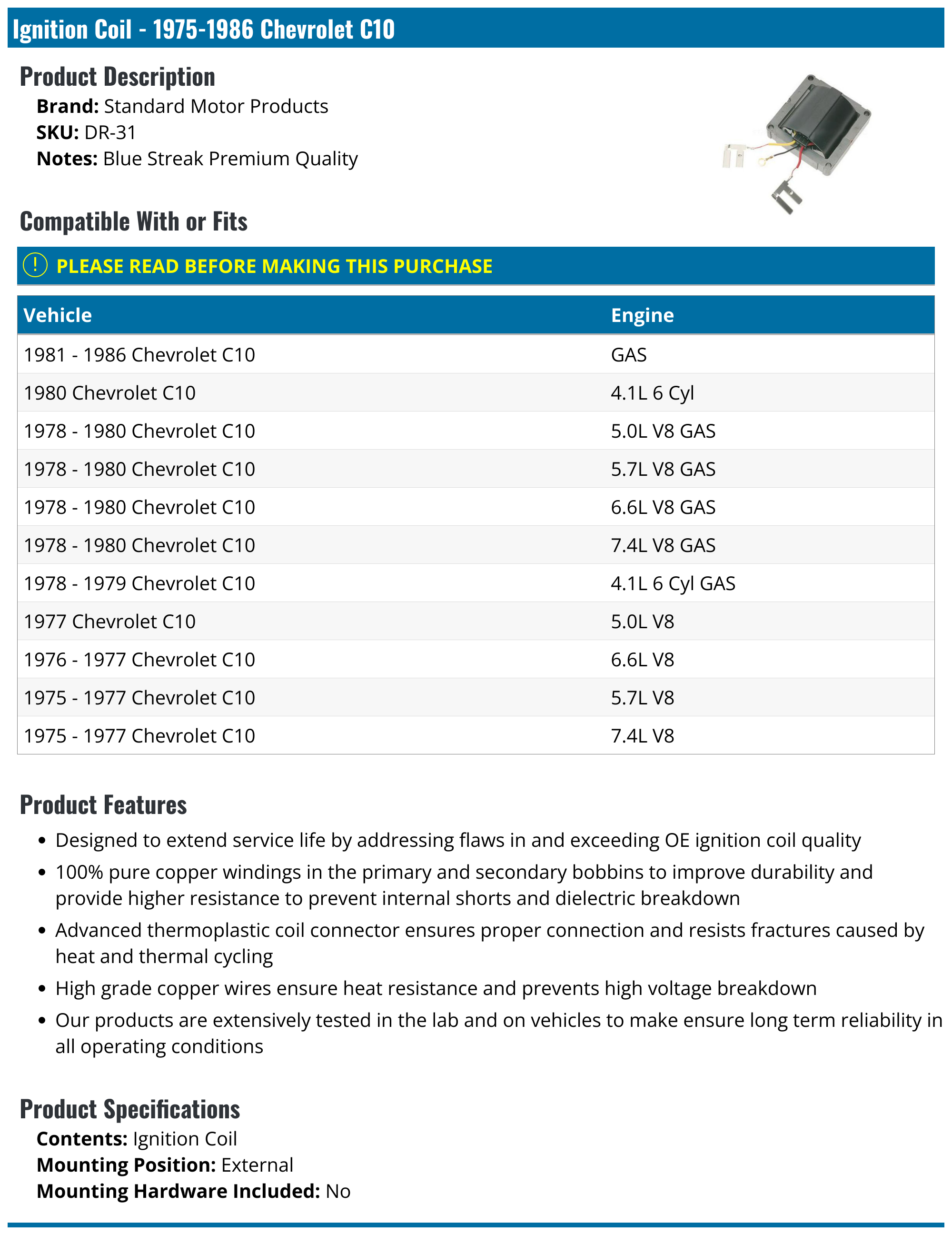 19751986 Chevrolet C10 Ignition Coil Standard Motor Products DR31