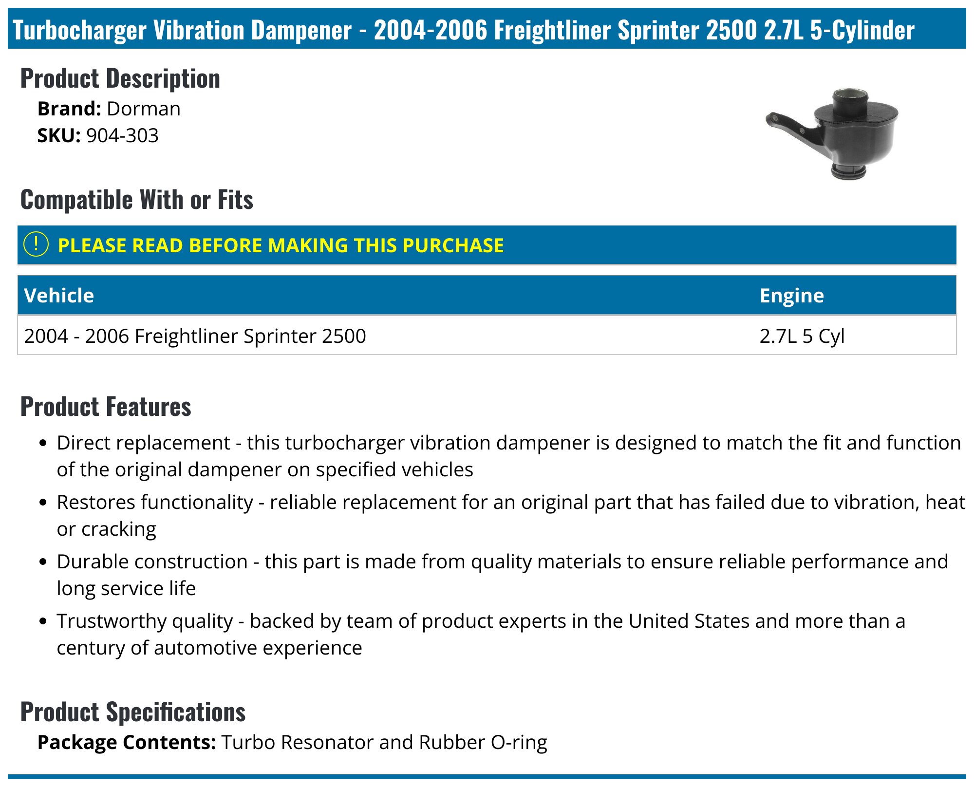 2004-2006 Freightliner Sprinter 2500 Turbocharger Vibration Dampener - Dorman 904-303 - PartsGeek.com 2004-2006 Freightliner Sprinter 2500 Turbocharger Vibration Dampener - Dorman 904-303 - PartsGeek.com