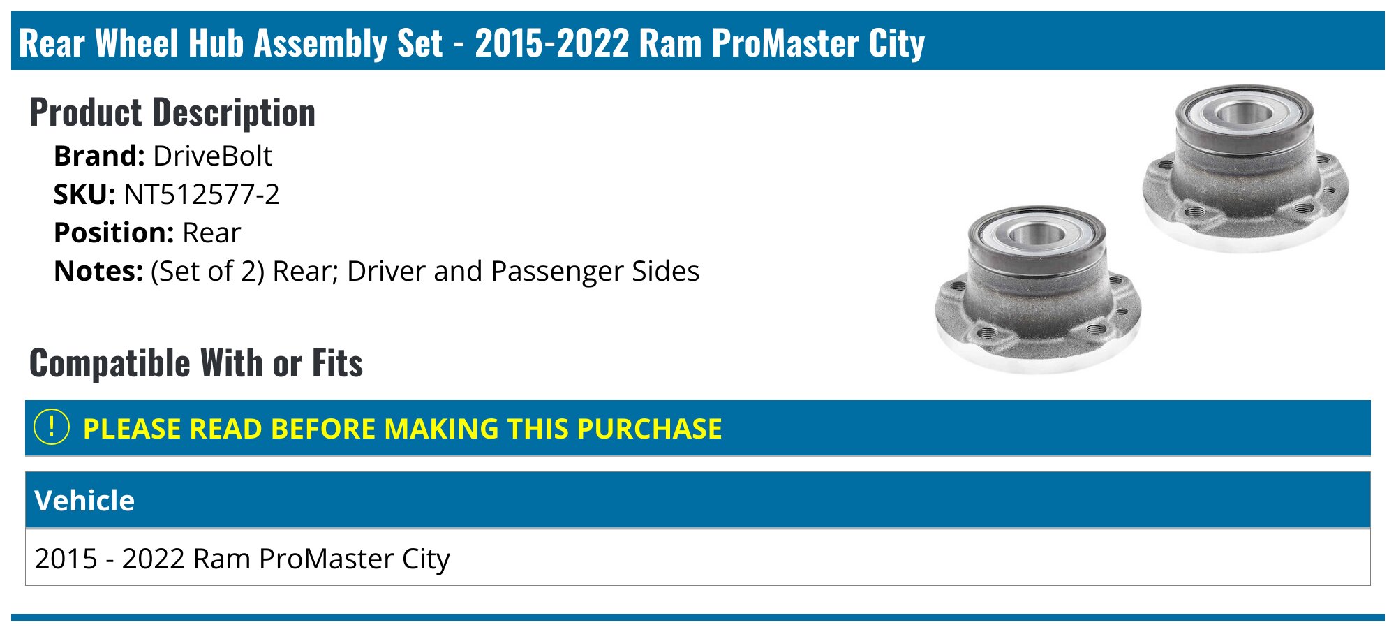 2015-2022 Ram ProMaster City Wheel Hub Assembly - DriveBolt NT512577-2 ...