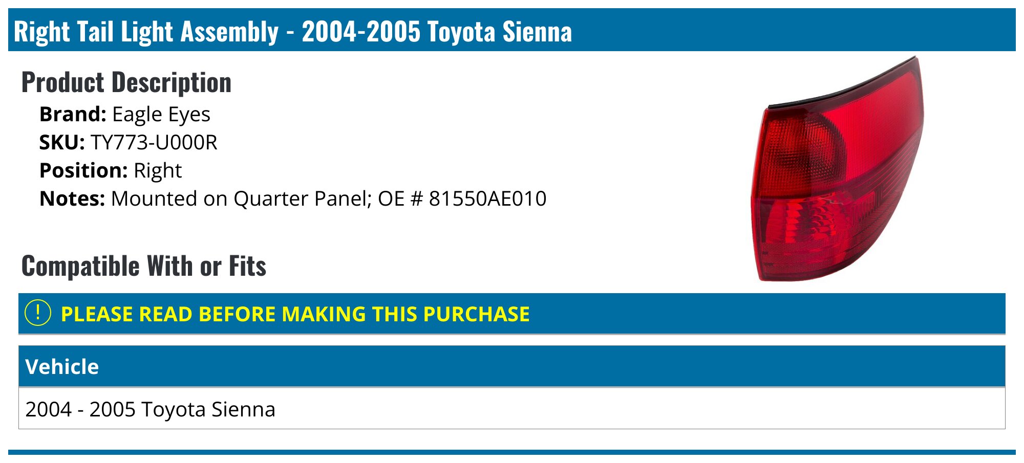 Tail Light Assembly for Toyota Sienna SE Model, Outer, Right (Passenger