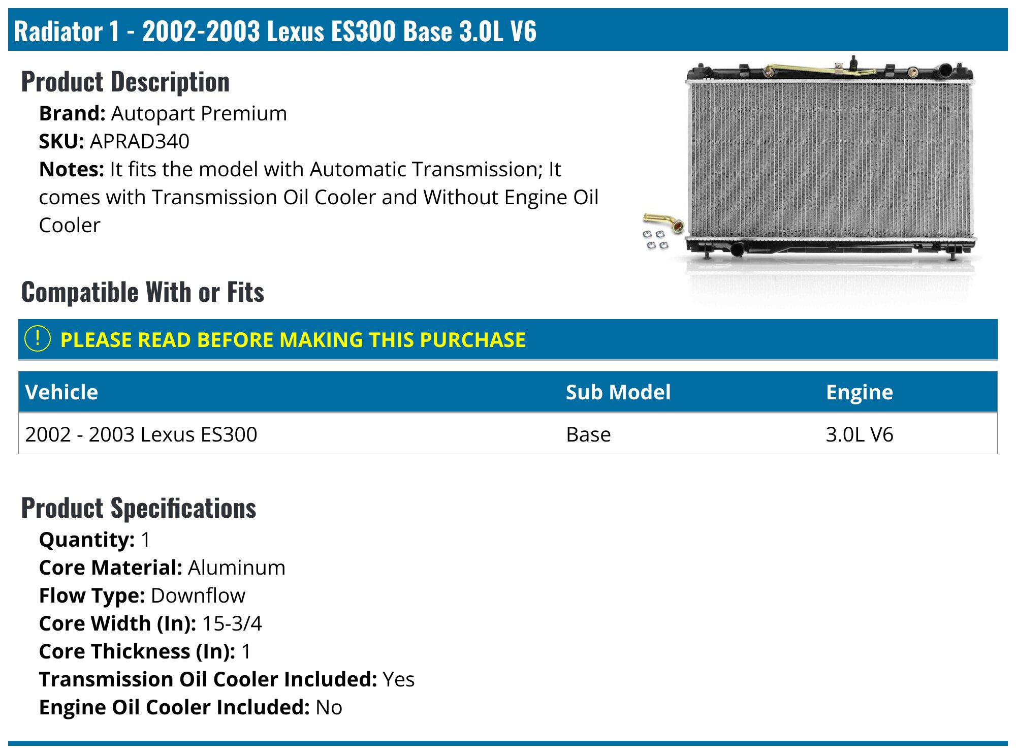 DENSO Radiator For Lexus ES300/ES330 & Toyota Camry V6 (2002-2006) - Includes Trans Cooler 3 thumbnail image
