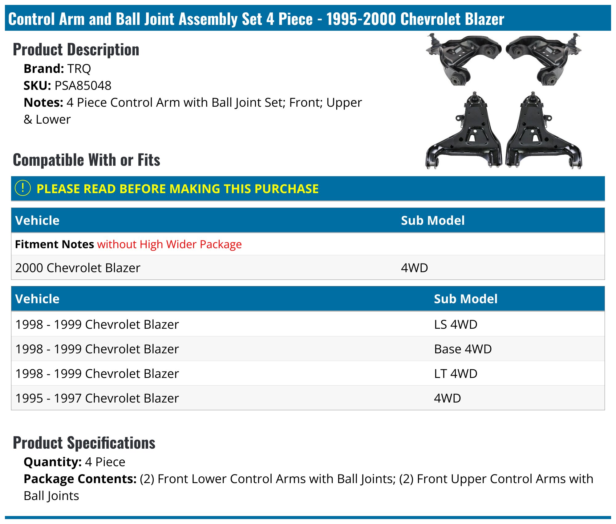 Autopartsclub2018 4pc Front Upper & Lower Control Arm With Ball Joint Kit For Chevy S10 Blazer 4x4 1997-2005