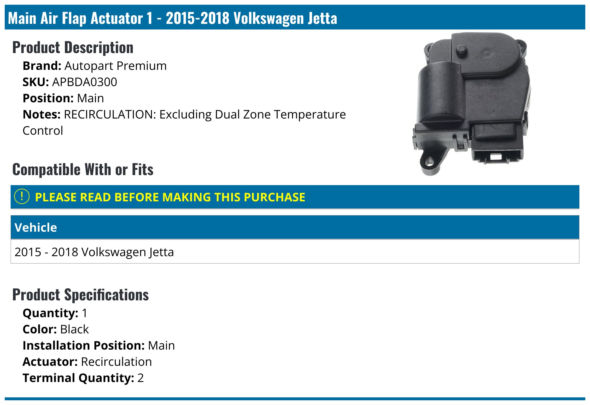 2015-2018 Volkswagen Jetta Air Flap Actuator - Autopart Premium ...