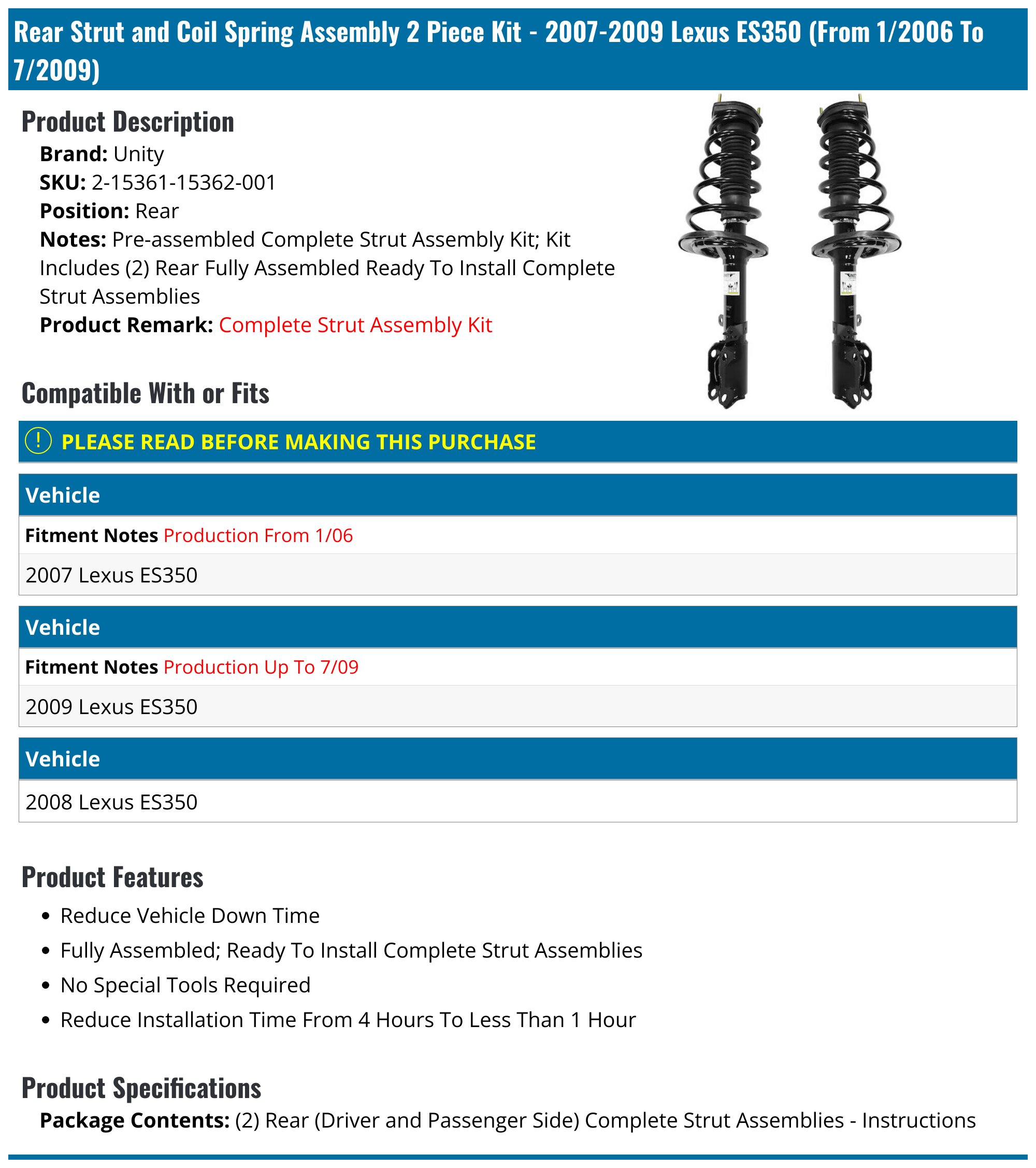 07 2007 Lexus ES350 Strut Assembly - Suspension - API, DIY Solutions, Detroit Axle, FCS