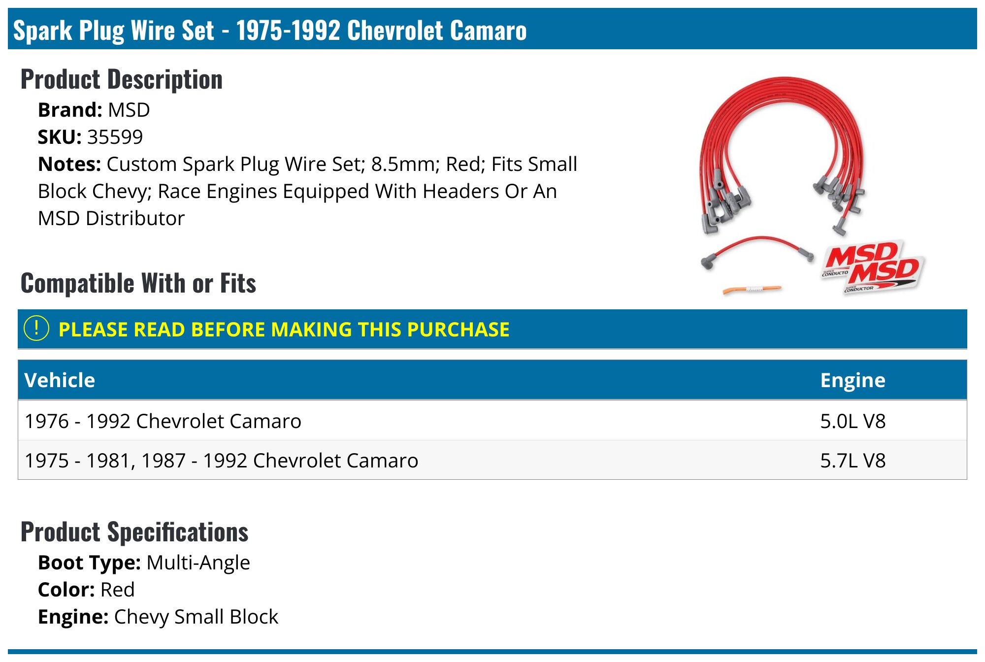 1975-1992 Chevrolet Camaro Spark Plug Wire Set - MSD 35599